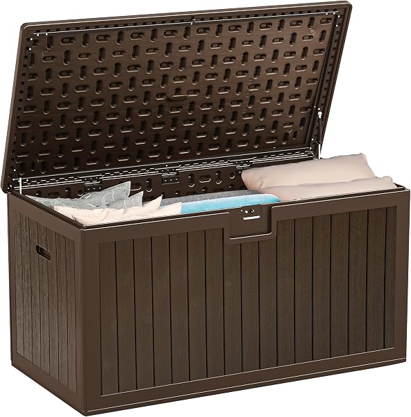 YITAHOME Garden Storage Box Outdoor 567.8L, Heavy-Duty Waterproof Resin Deck Box with Lockable Lid, All-Weather Storage Bench for Patio Furniture, Cushions, Pool & Garden Tools, Brown - 1