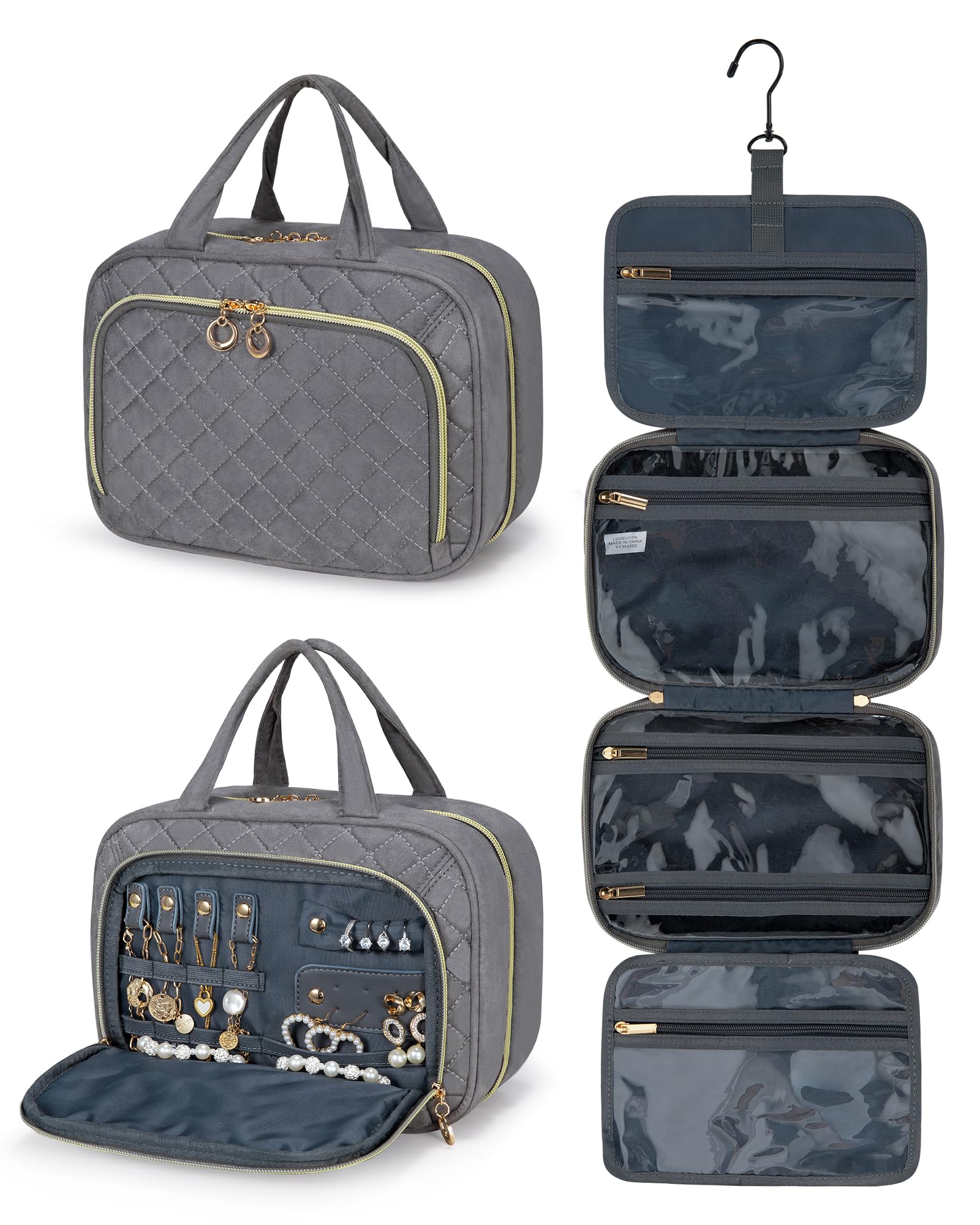 LOVEVOOKHanging Toiletry Bag with Jewelry Compartment, Waterproof Wash Bags for Women with Hook, Large Makeup Organiser Travel Toiletries Cosmetic Clear for Holiday Shower Grey