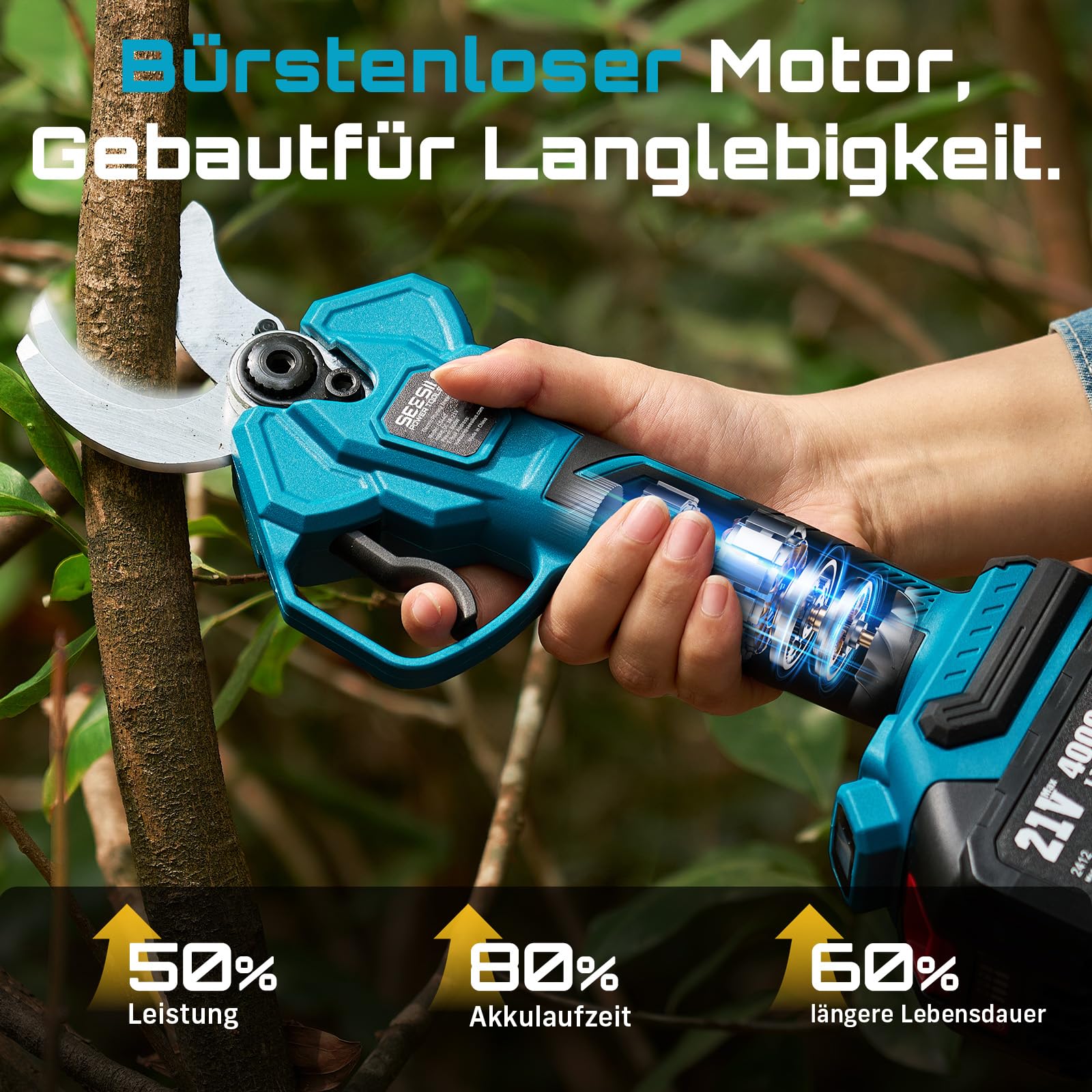 SEESII Akku Astschere 40 mm – Elektrische Gartenschere mit 2 * 4000 mAh Akkus, SK5-Klinge, Bürstenlosem Motor, LCD-Anzeige, Für Obstgärten, Landschaftspflege und Professionelle Gartenarbeiten, CS440