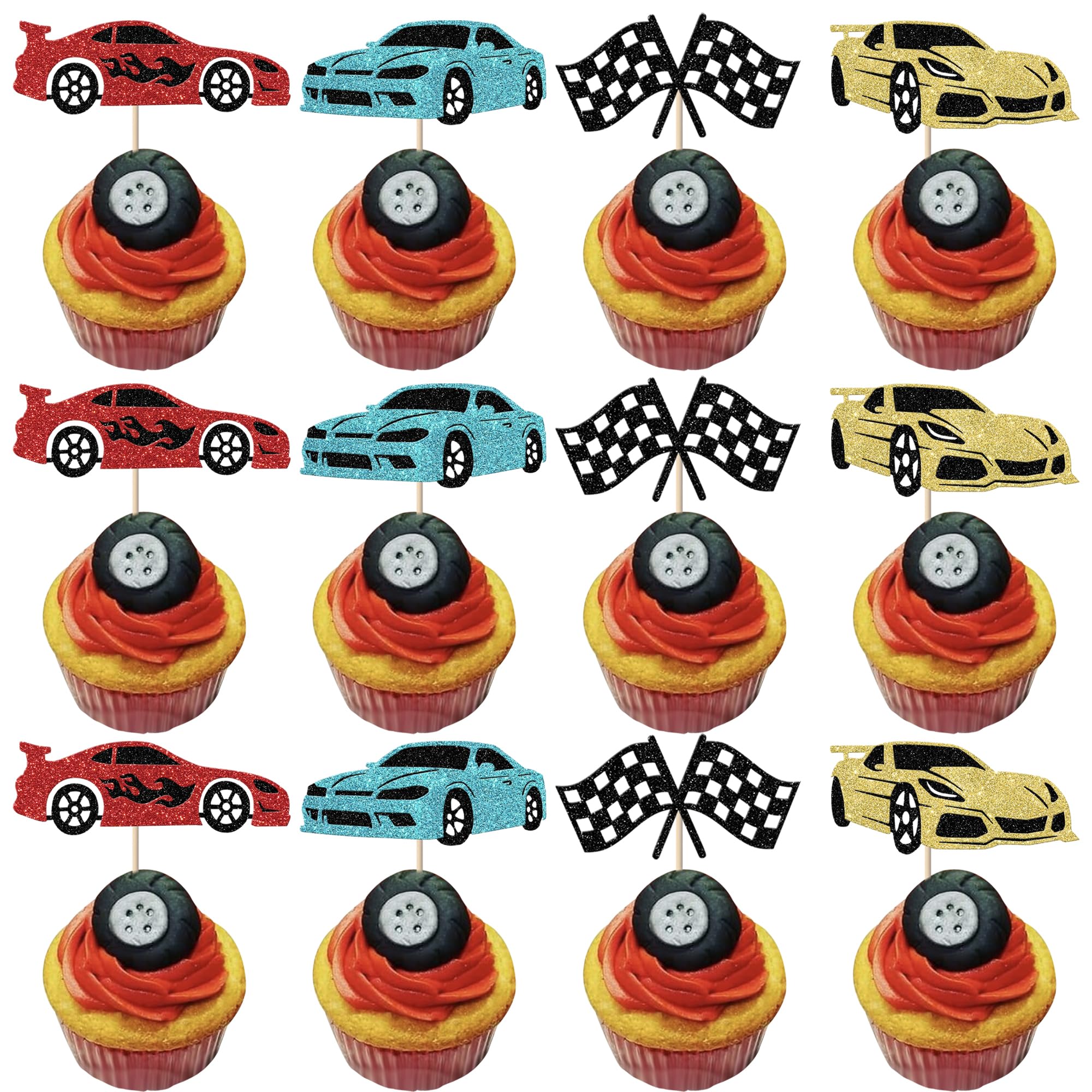 Xsstarmi 24 Pack Racing Car Cupcake Toppers Glitter Racing Flag Cupcake Picks for Let's Go Racing Sports Theme Baby Shower Birthday Party Cake Decorations Supplies