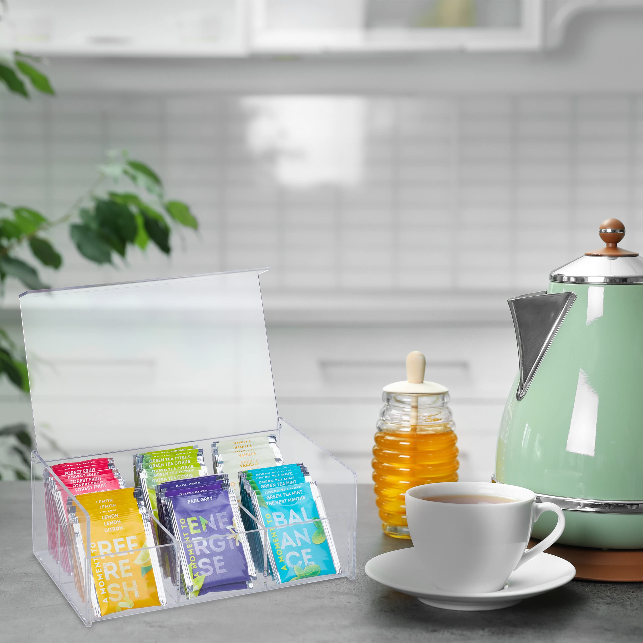 Relaxdays Boîte à thé, 6 Compartiments, avec Couvercle, HxLxP : 9 x 22 x 14,5 cm, Coffret de Rangement, Transparent