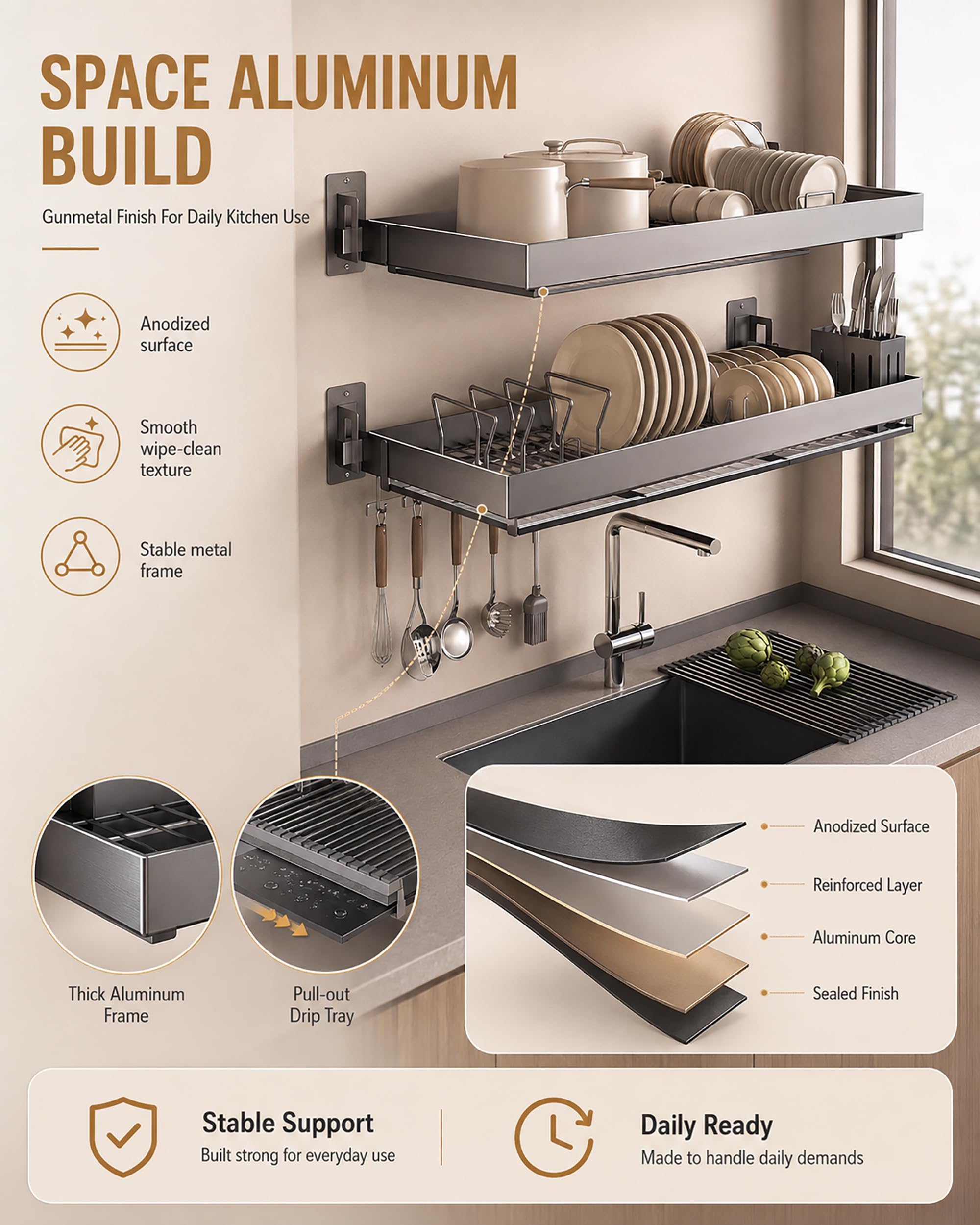Égouttoir à Vaisselle Mural - Étagère Cuisine Rangement en Aluminium - Gain d'Espace - Gris Gunmetal - 2 Niveaux