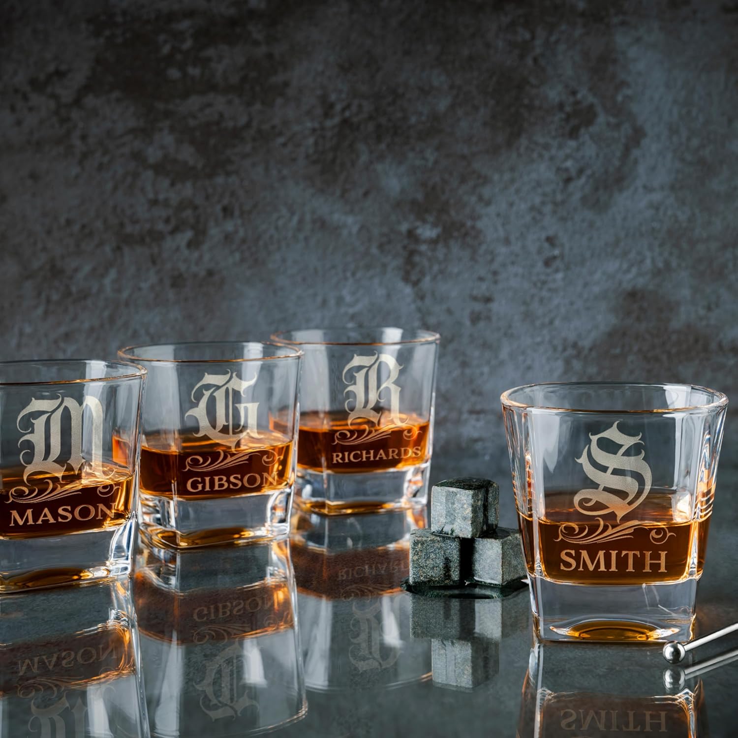 Amazing Items Set of 4 - Whiskey Gifts for Men, Personalized Whiskey Glasses w/Name & Initial - 9 Designs - 9 oz, Limited Edition Monogrammed Rocks Glasses, Dad Gifts