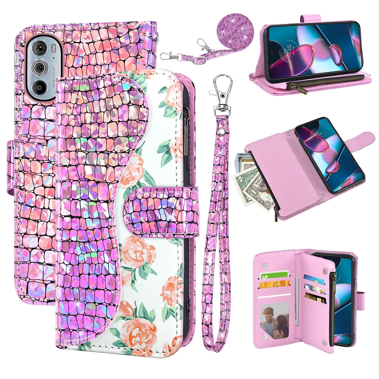 Dibosom Floral Wallet Case for Motorola Edge+ Plus 2022/Edge X30/30 Pro with Wrist Strap Shoulder Strap Flip Zipper Purse Card Holder,Stand Glitter