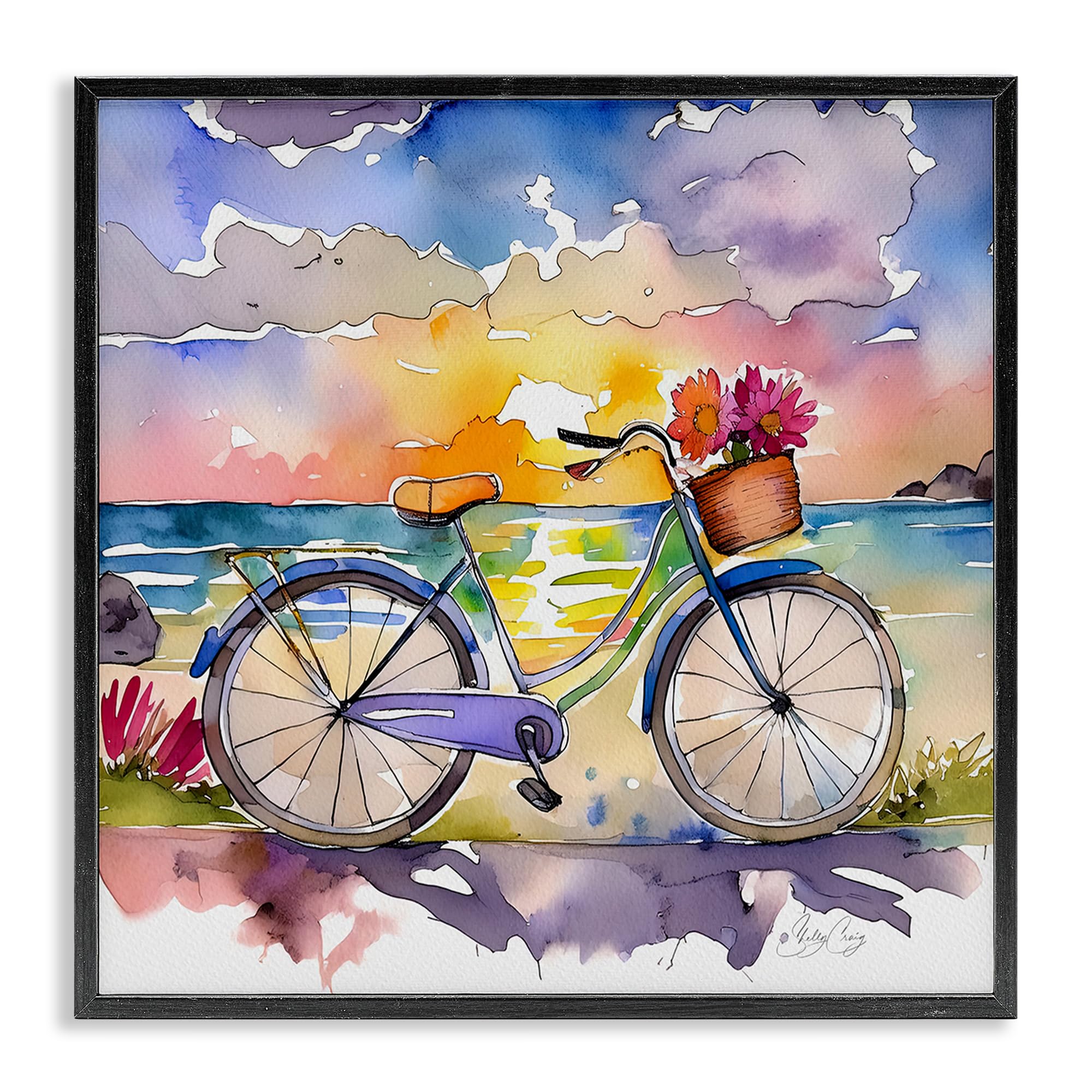 Stupell Industries Midnight Black (Textured) 'Bicycle By The Seaside'| Framed Giclee Art
