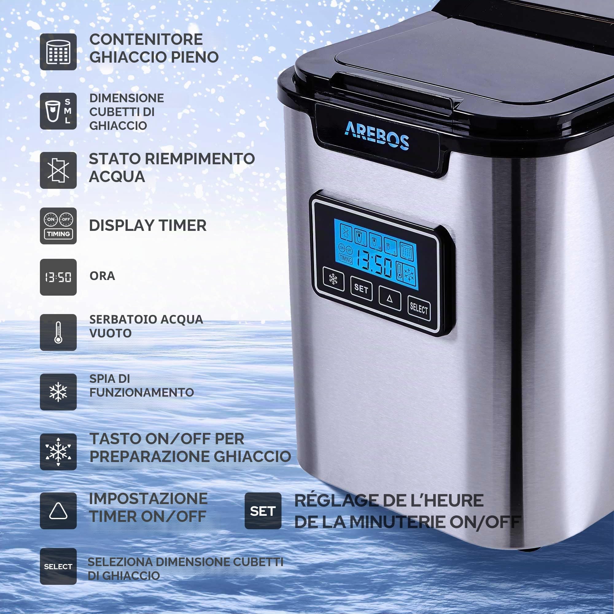 Arebos Macchina per cubetti di ghiaccio Acciaio inossidabile 2,2L | LCD | Macchina di ghiaccio | 12kg di cubetti di ghiaccio in 24 ore