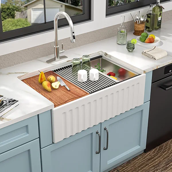 33 White Farm Sink Workstation - Fulorni 33 Inch Farmhouse Kitchen Sink Workstation Flat Apron Front White Ceramic Porcelain Fireclay Single Bowl Farmer Style Basin