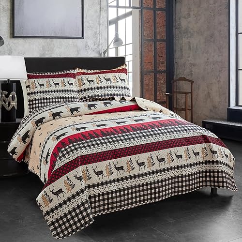 Miniatura 3 de Juego de edredón rústico tamaño Queen  Matrimonial, juego de ropa de cama de cabaña de alce y oso, colcha cosida, juego de cama estampado de vida