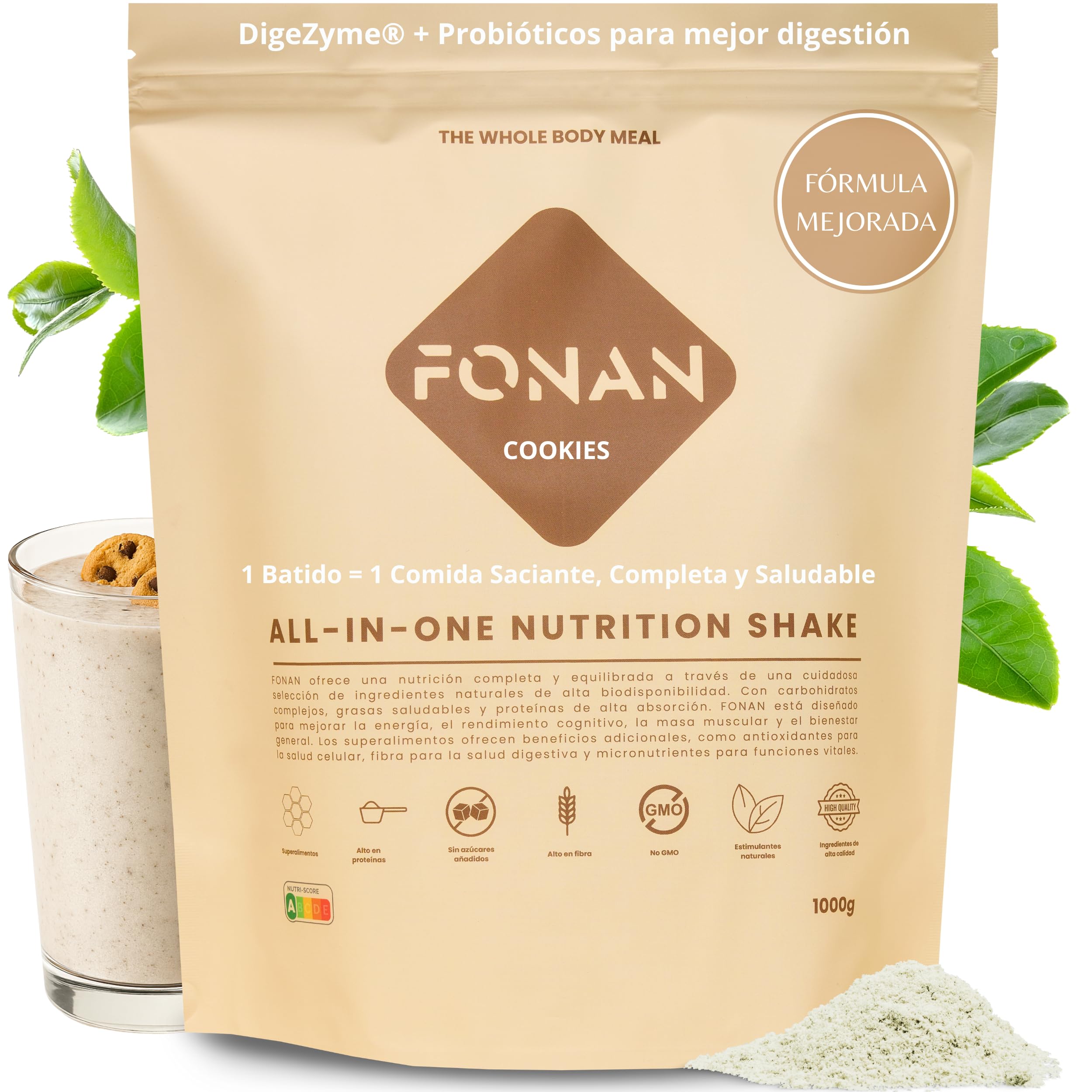 FONAN Batidos Sustitutivos de Comida y Desayuno con Enzimas DigeZyme y Probioticos - Batidos Saciantes Completos y Sanos con Proteina, Carbohidratos, Vitaminas, Minerales y Superalimentos COOKIES