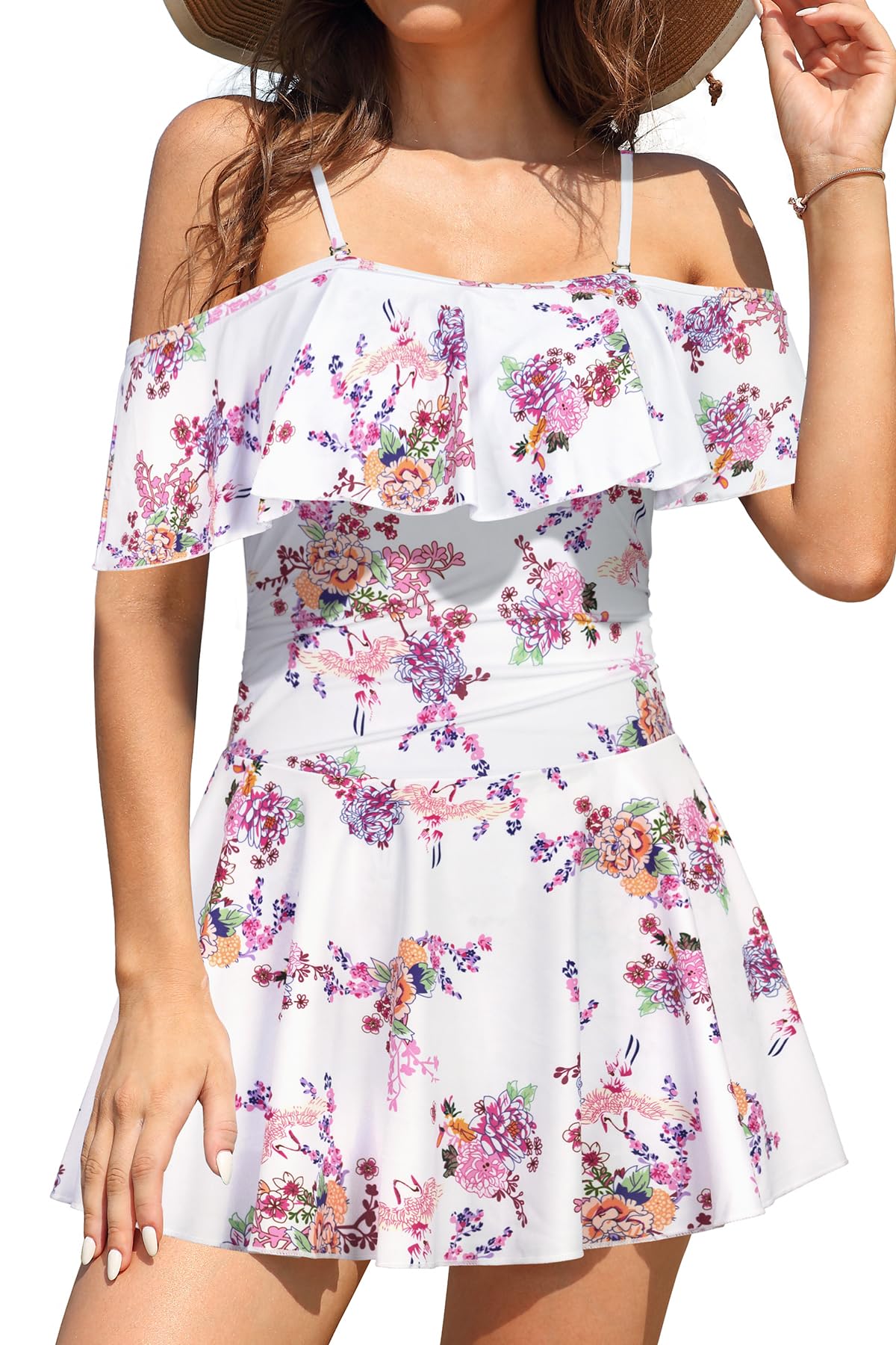 SHEKINI Mujer Traje de Baño una Pieza Falda de Traje de baño Bikini Un Hombro Elegante Volante Retro Ruched Control Abdominal Falda de Baño Trajes de Baño