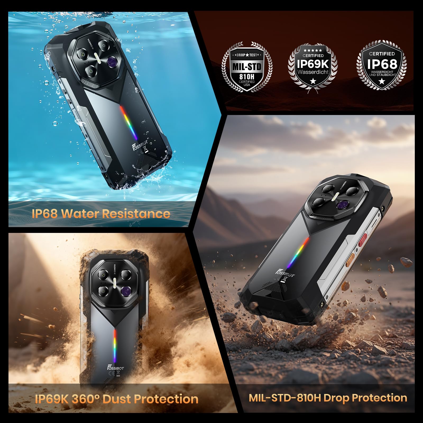 FOSSiBOT F113 5G Téléphone Portable Incassable Vision Nocturne 64MP, 20000mAh, 36Go+256Go, Smartphone Incassable Écran FHD+ 6,78" 120Hz, Android 15 Caméra 50MP Dual SIM IP68/IP69K/NFC/Face ID (Gris)