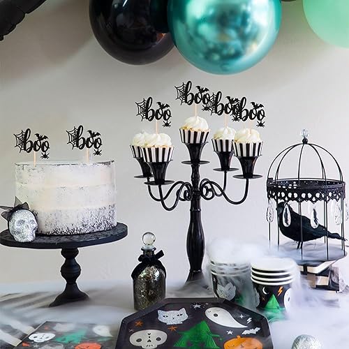 Miniatura 6 de 24 piezas de decoración de cupcakes de Halloween Boo con purpurina de telaraña para cupcakes para Halloween, temática de abucheo, baby shower,