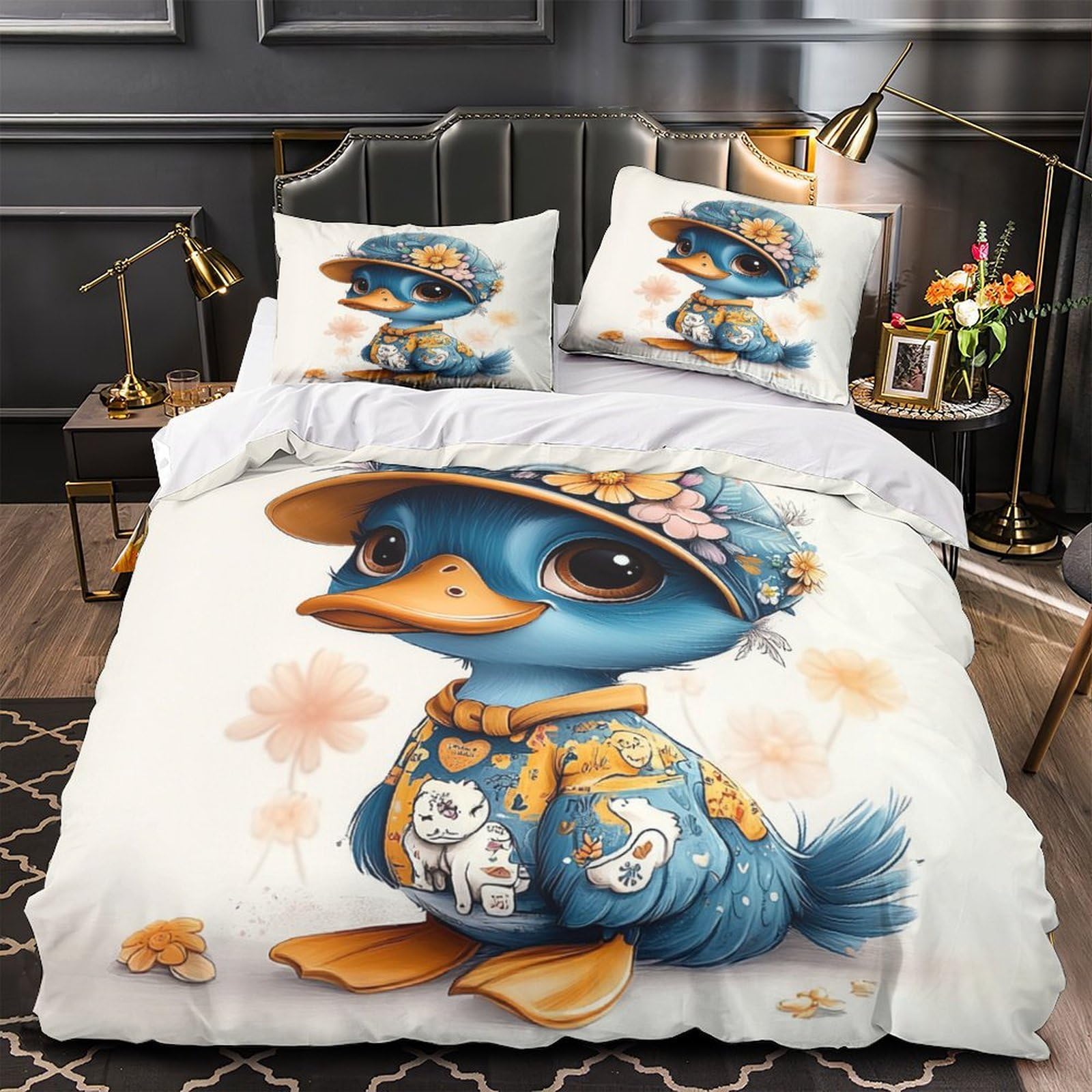 Housse de couette caneton 3D grand lit 3 pièces avec drap de couette de dessin animé