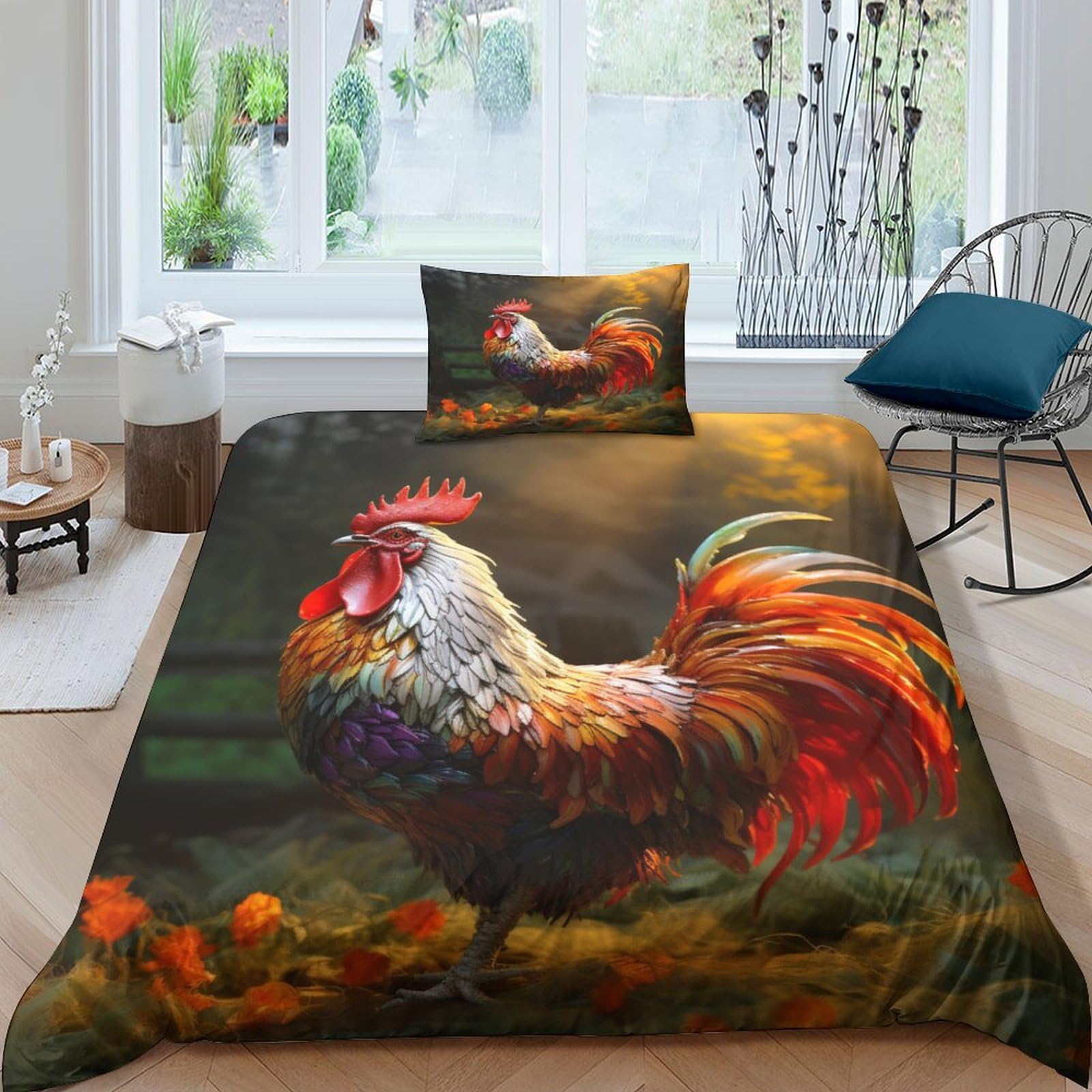 ENYISIYULO Gallic Chicken 3Pcs Bedding Set Printed Quilt Cover,3D Duvet Cover for Boys Adult, Microfibre, with Pillowcases Easy Care Microfiber Comforter Cover Hidden Zipper Single（135x200cm）