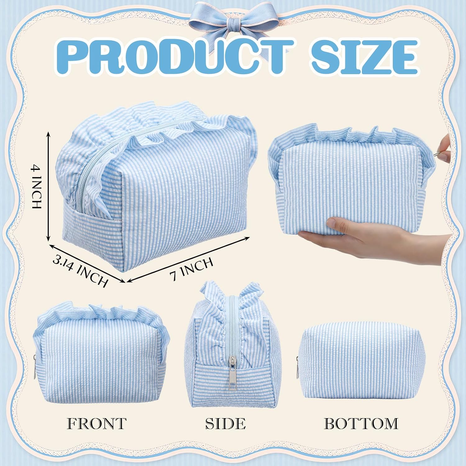 6 Pcs Blue Ruffled Seersucker Cosmetic Bags Bulk for Women image 3