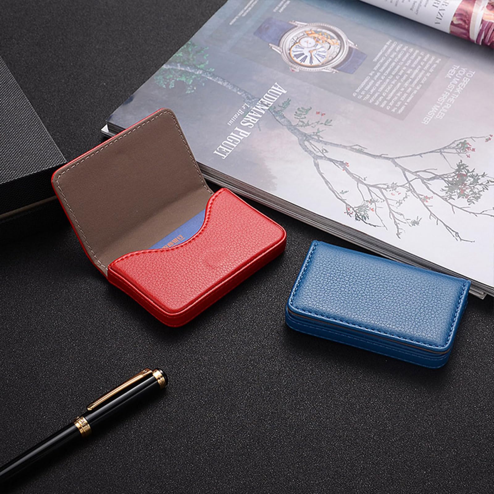Funda de piel sintética para tarjetas de visita, soporte magnético para tarjetas de nombre, adecuado para hombres y mujeres, Blue