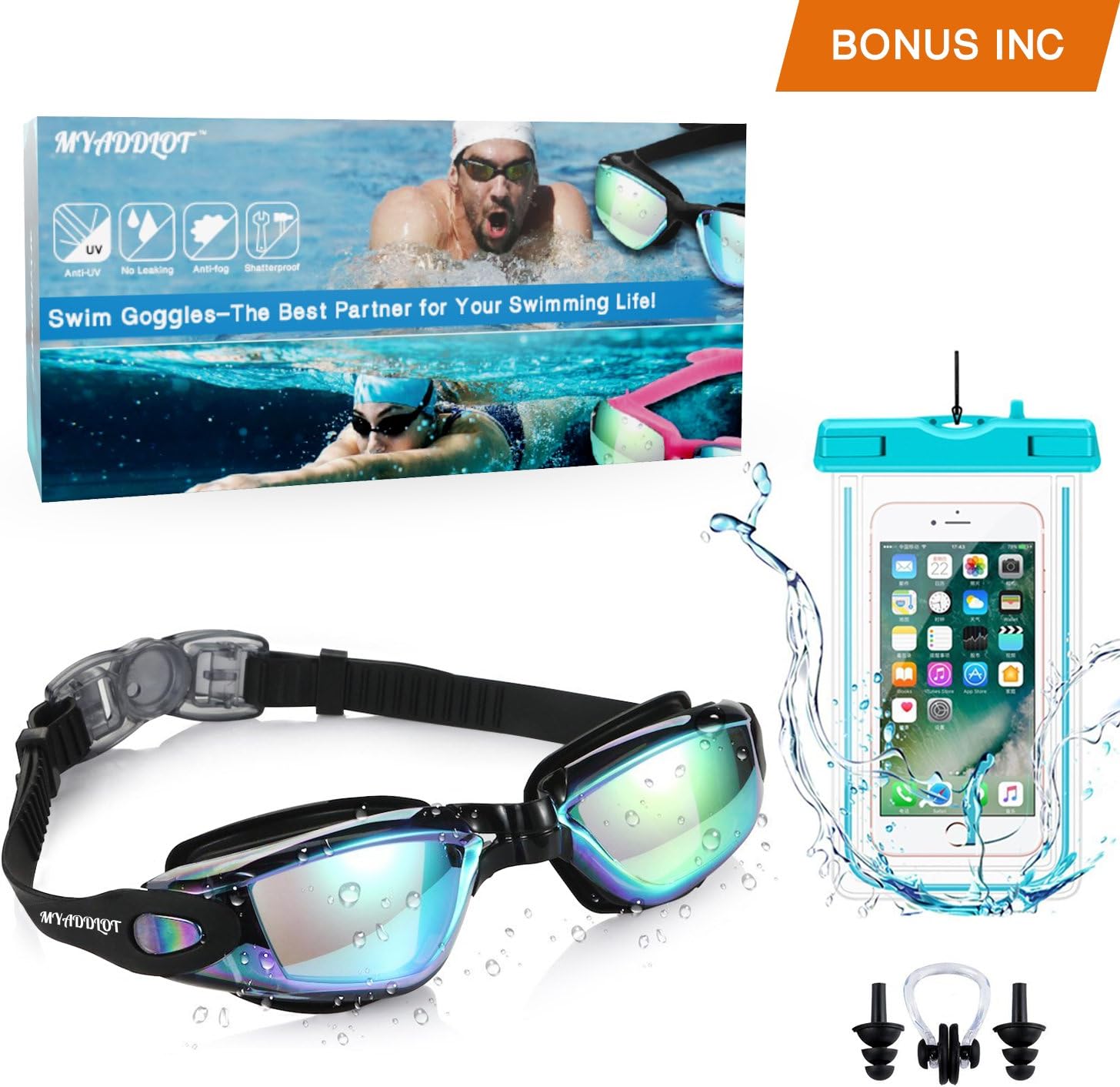 MYADDLOT 3D Ergonomic Swimming Goggles Swim Goggles Professional Anti Fog No Leaking UV Protection Wide View For Women Men Adult Youth Kids Waterproof Smartphone Case (black)