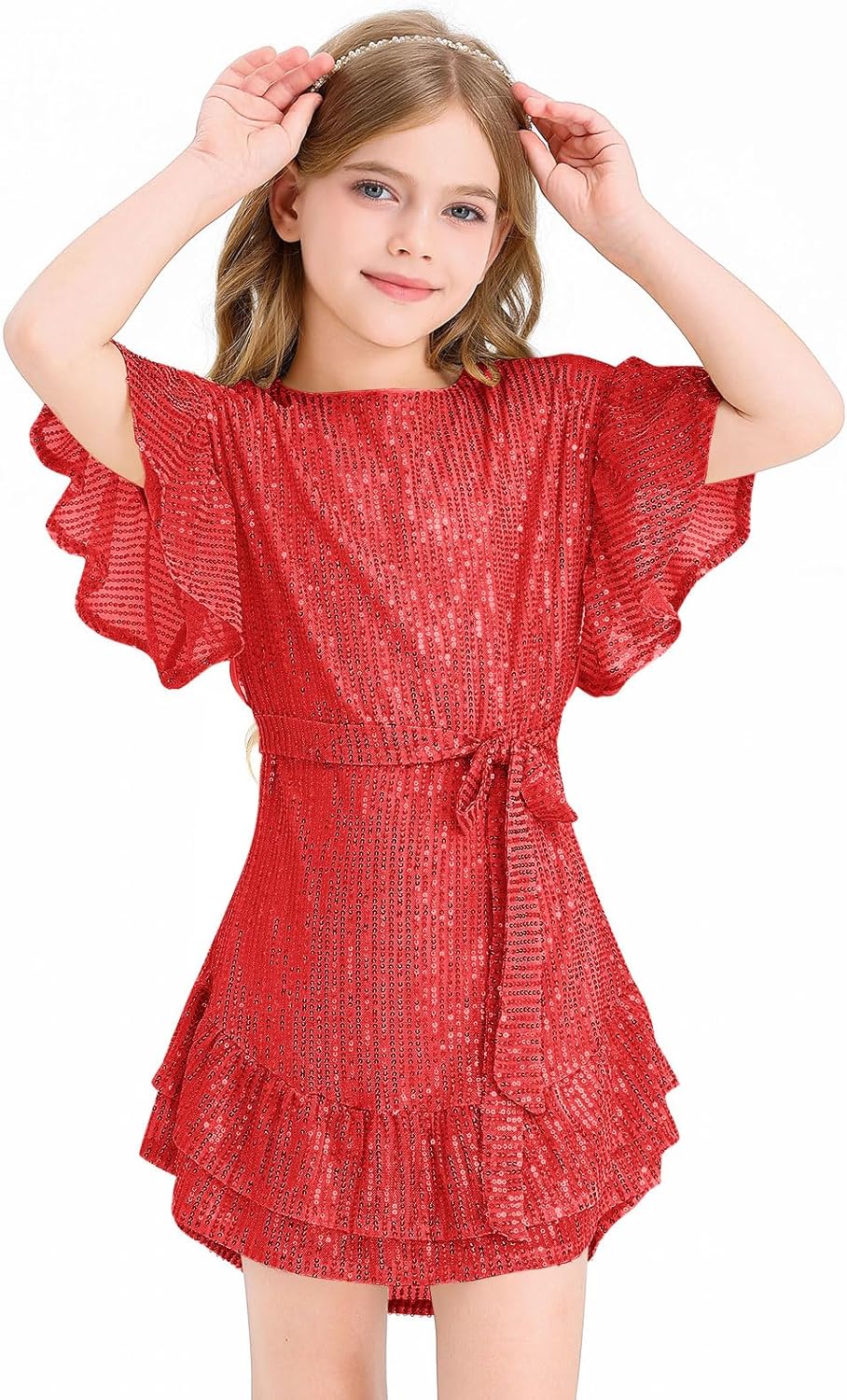 Batermoon Girls' Sequin Dress Crew Neck Bat Sleeve Ruffle Party Wedding Flower Dress with Belt for 5-14 Years - Image 3
