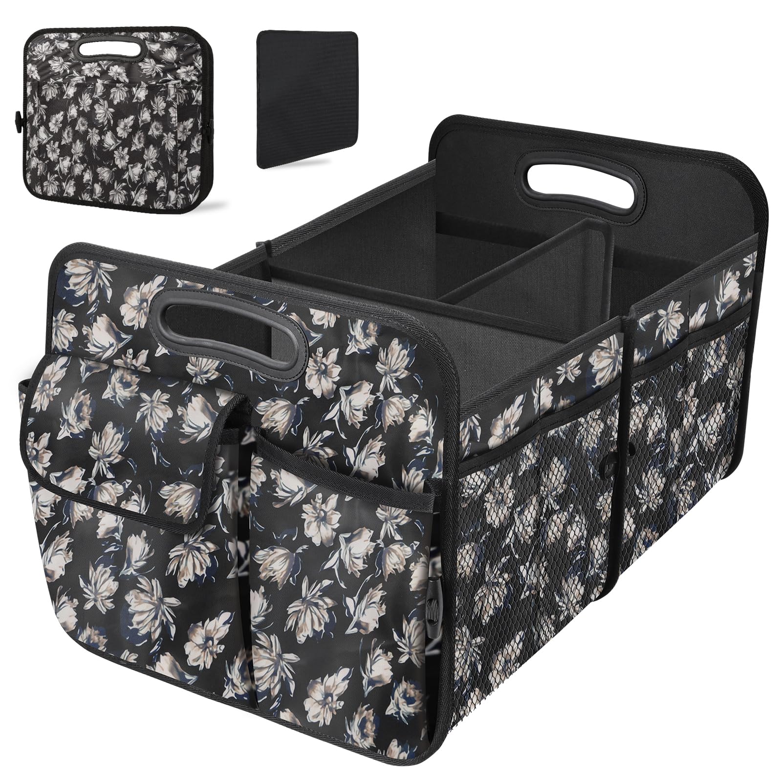 Trunk Organizer, Collapsible Trunk Organizers and Storage, Car Accessories for Women and Men, Multi-Compartment Trunk Storage Organizer for SUV, Car, Mini-Van - Floral