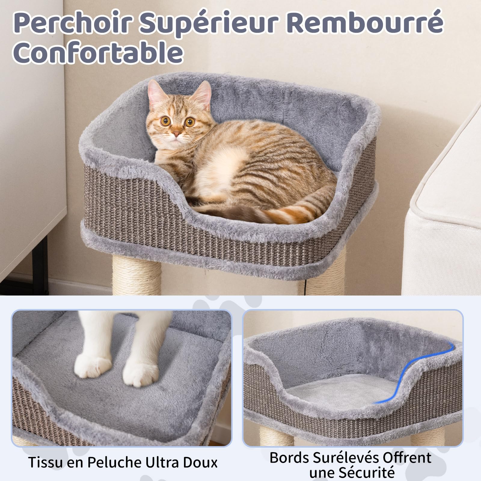 GOPLUS Arbre a Chat à 2 Niveaux avec Balle Suspendue et Clochette, Arbre à Chat Petit avec Perchoir en Peluche, 2 Poteaux à Gratter en Sisal, Centre d'Activité pour Chatons d'Intérieur (Gris)