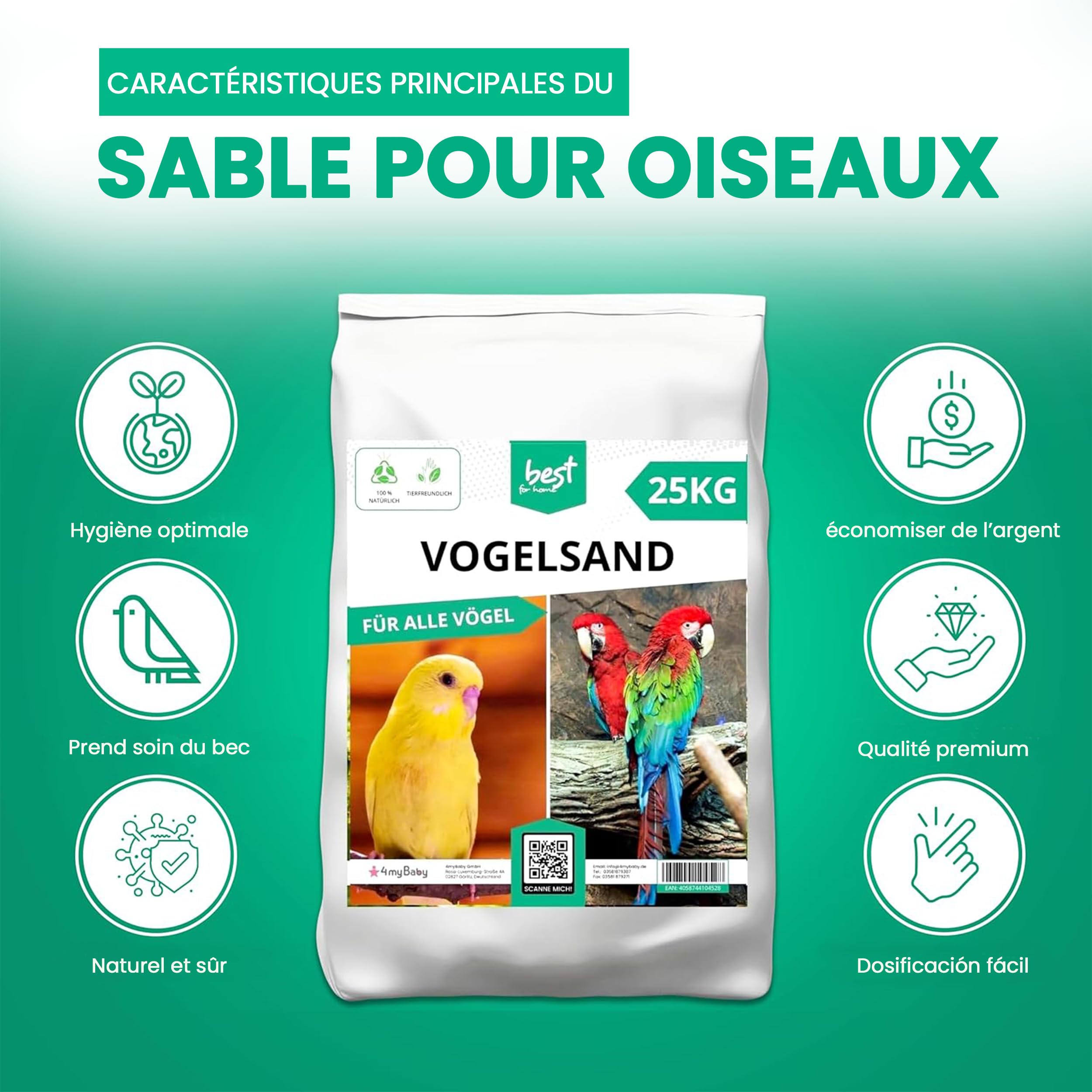 Sable d'oiseaux 25 kg | Sable de Quartz pour Cage à Oiseaux 0,5 à 1,0 mm | Sable de Cage pour Perroquet, Perruche, Canari et Autres Oiseaux | Substrat Idéal pour Cages et Volières