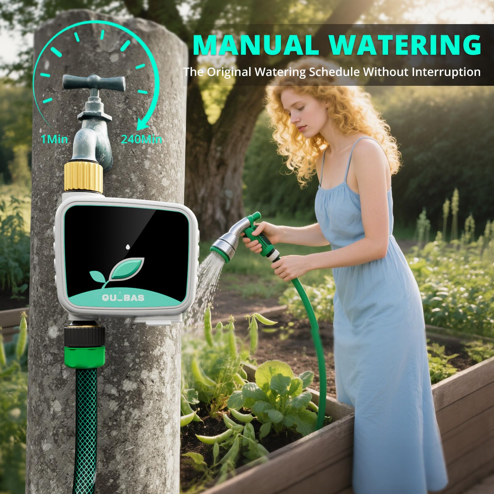QUOBAS Timer irrigatore WiFi con ingresso e uscita in ottone, timer intelligente per tubo da giardino con telecomando APP, irrigazione manuale, irrigazione ritardata della pioggia, per prato, giardino