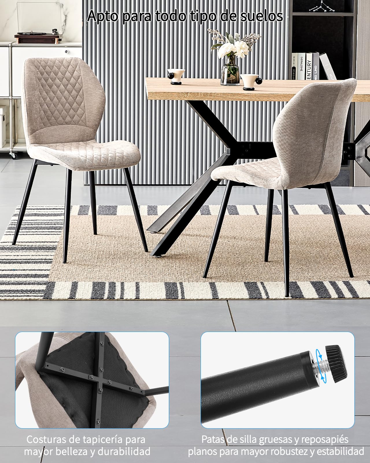 LEWE Juegos de 4 Sillas de Comedor de Lino, Estilo Moderno a Cuadros | Silla de Cocina sin Brazos, Pata de Metal, Tapizadas, Patas Metálicas, para Restaurante, Cocina, Salón, Dormitorio, Marrón
