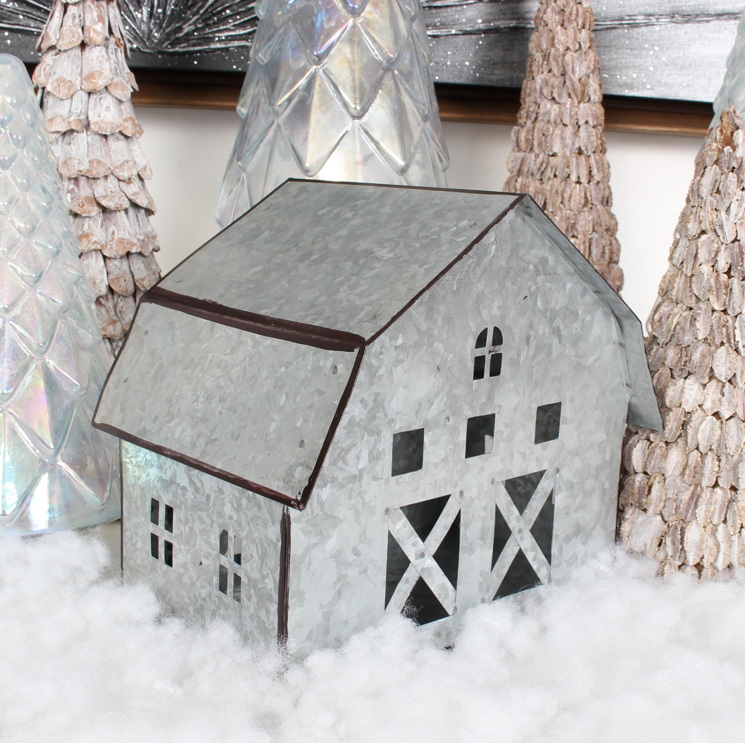 Sweet Summer Living Tabletop Farmhouse Decor, Tin Houses, Christmas Display Barn 9.5 Inch Height X 10.5 Inch Width X 7.5 Inch Length Metal Galvanized Antique Gray