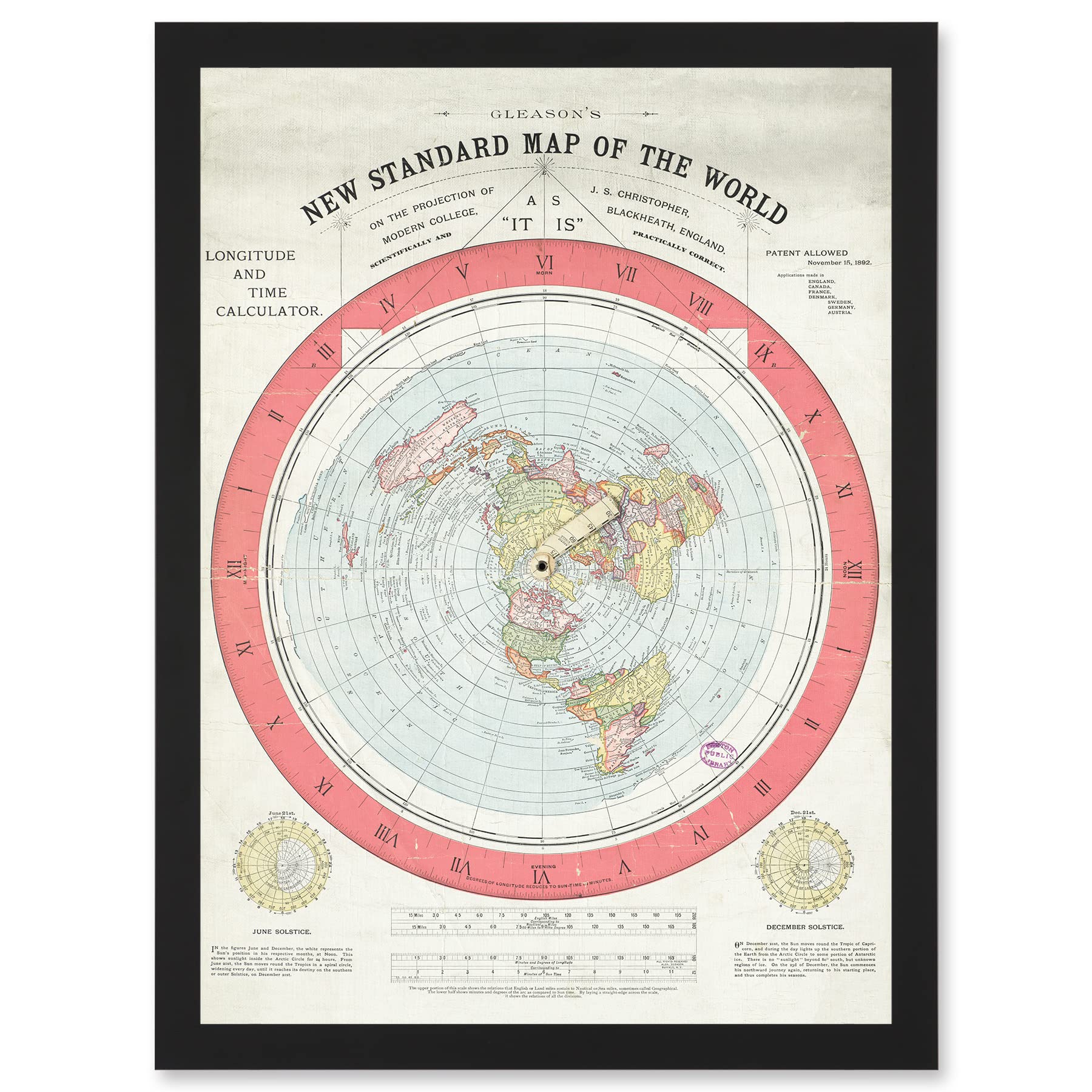 Artery8 1892 World Time Calculator Flat Earth Map Gleason Artwork Framed A3 Wall Art Print