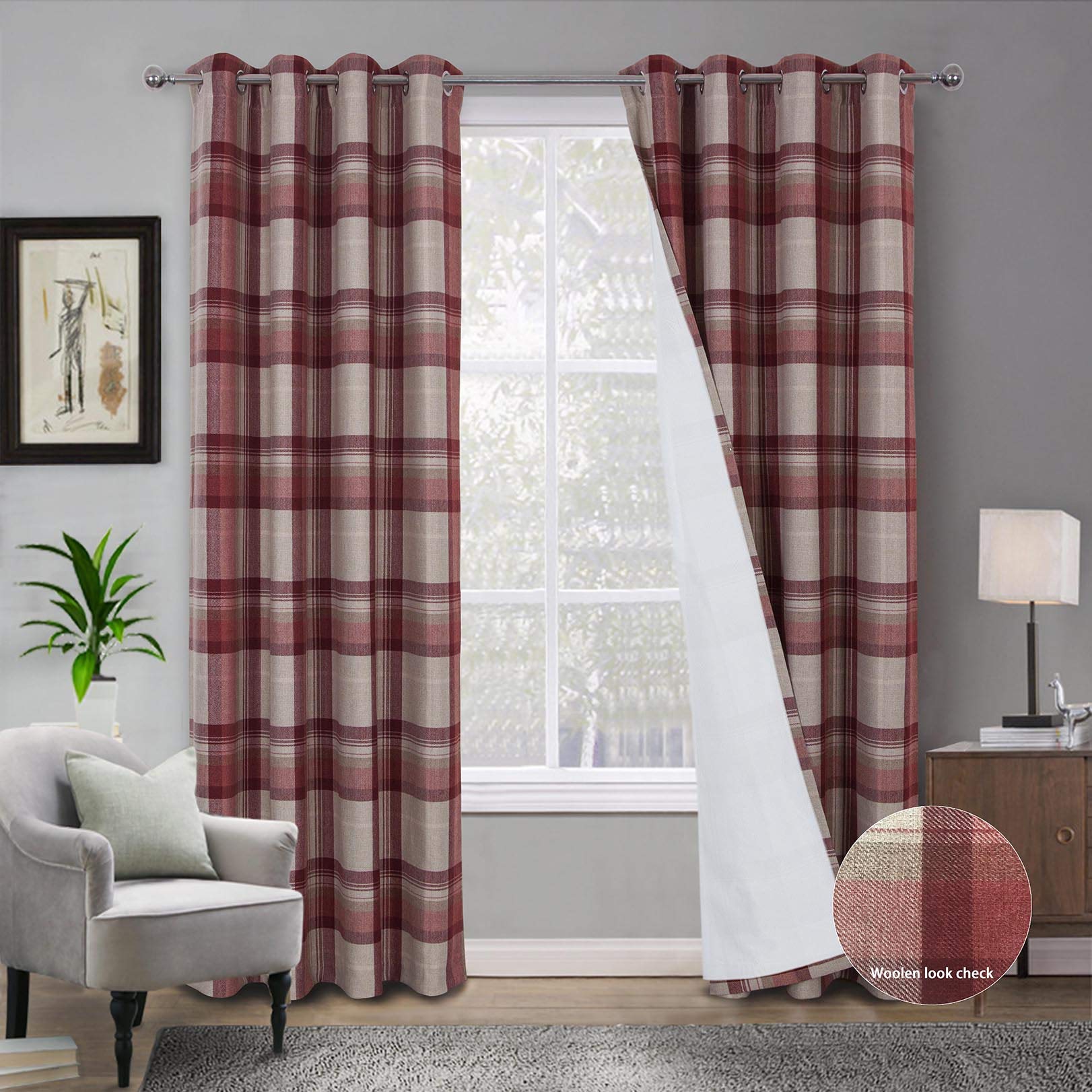 always4u Red Check Curtains Eyelet Red Tartan Highland Wollen Woven Checked Curtains Fully Lined Drapes for Home Decoration Pair of 66 * 72 InchesGlobal Recycled StandardOEKO-TEX STANDARD 100Global Recycled StandardGlobal Recycled Standard
