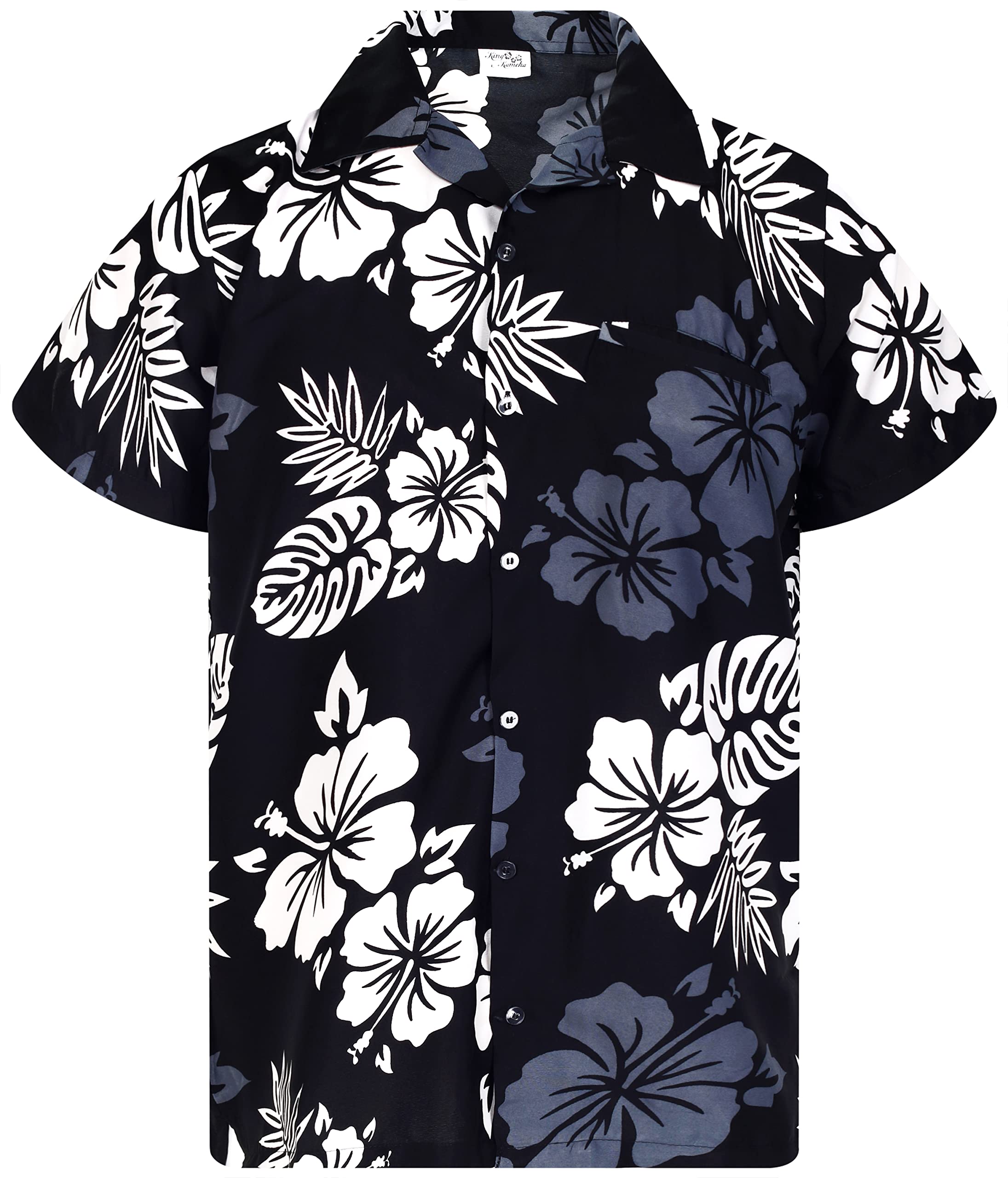 King Kameha Floral Hawaiian Shirt for Men – Tropical Men’s Hawaiian Shirt Short Sleeve, Mono-Hibiscus, Black-White, XS
