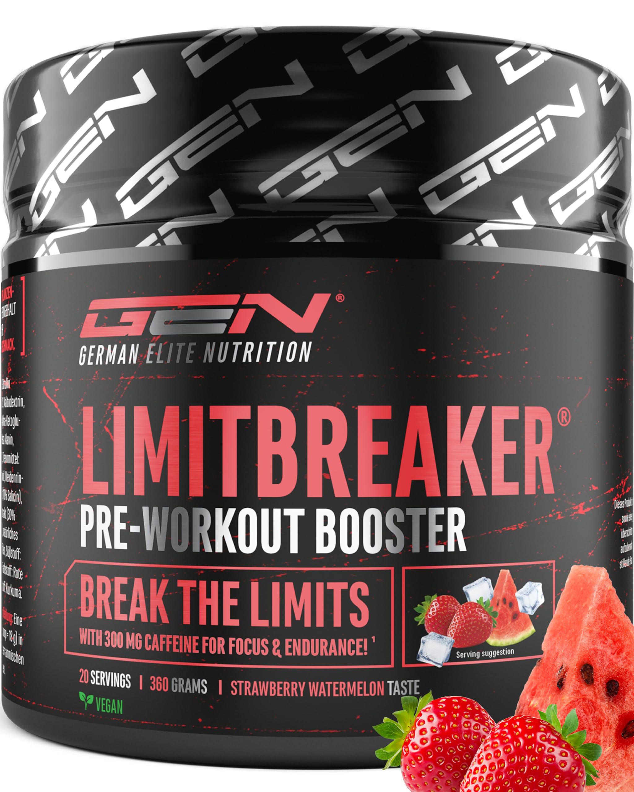 LIMITBREAKER® Pre Workout Booster con 300 mg di Caffeina - Gusto Fragola Anguria - con L Citrullina, AAKG, Beta Alanina e L Teanina - Alto Dosaggio - 360 g di Polvere 20 Porzioni - Vegano