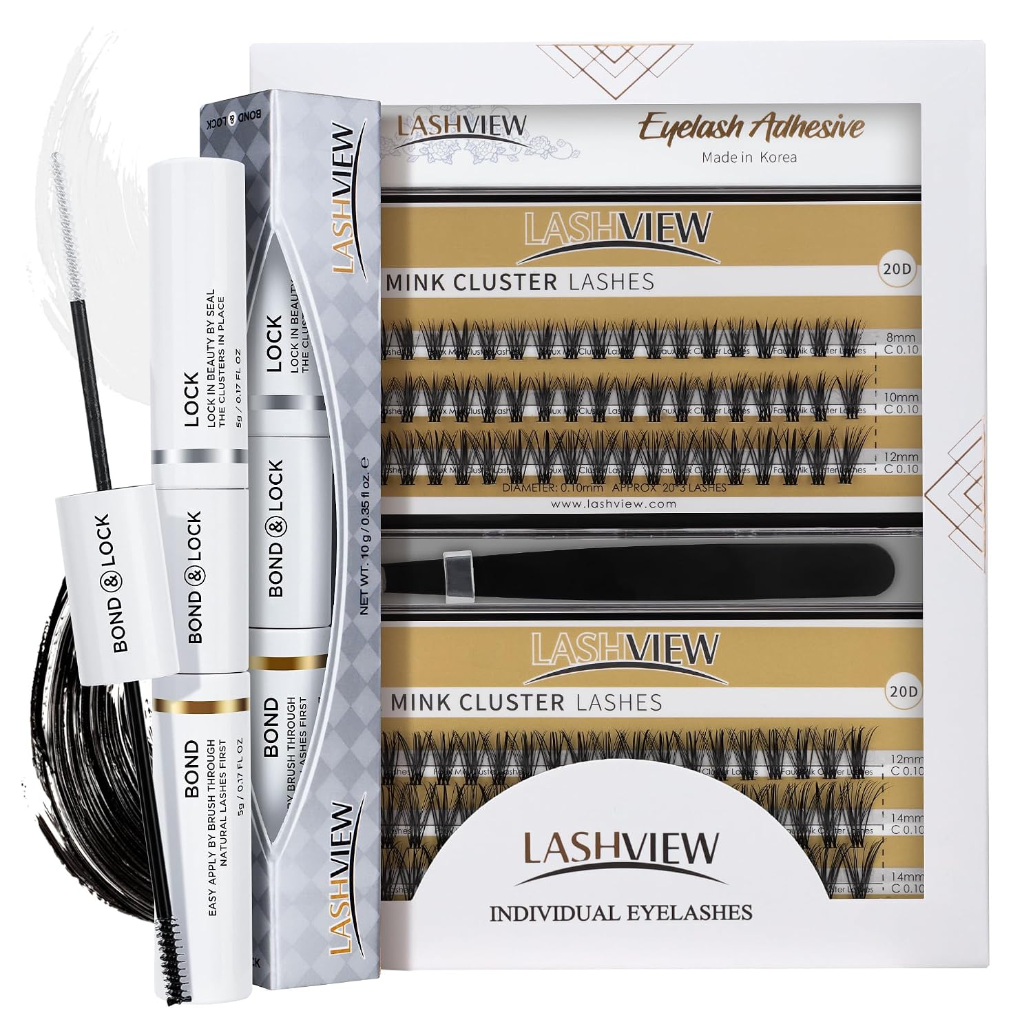 LASHVIEW Diy Lash Extension Kit & Lash Bond and Seal, C Curl Cluster Eyelash Extensions Kit with Glue and Tweezers(0.10 20Roots 8-14mm)