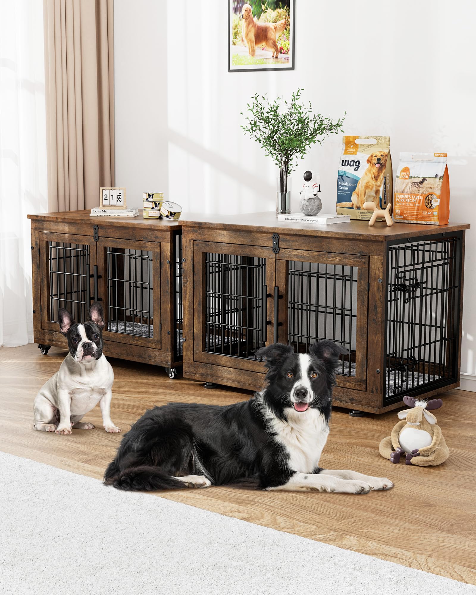 GIKPAL Hundebox für Zuhause mit Kissen, 83cm Hundekäfig Möbel für Drinnen mit Doppeltüren und Rädern, Moderne-Hundebox Holz für Klein, Mittlere Hunde bis zu 45 lb, 83x56x64cm, Rustikales Braun