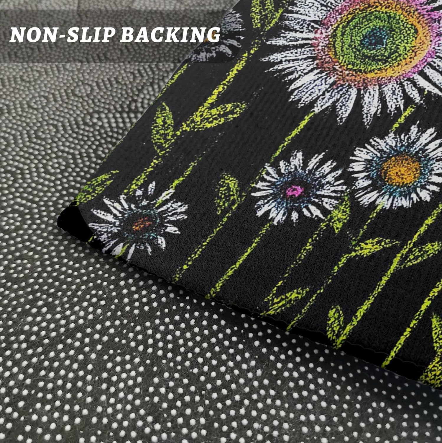 Kitchen Mats for Floor Bohemian Retro Mystery White Flowers Washable Non Slip Kitchen Rugs 2PCS, Black Background Absorbent Standing Mats for Sink Bathroom Office Living Room 15.7x23.6in+15.7x47.2in