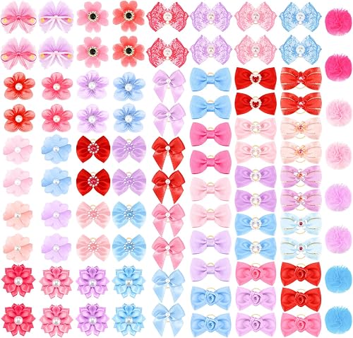 Jexine 100 Pcs/ 50 Pairs Dog Hair Bows with Rubber Bands Puppy Hair Bows Grooming Accessories Multicolor Small Pet Handmade Bowknot for Puppy Pet Girl Female Accessories