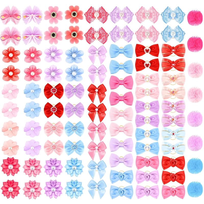 Laços para Pelos de Cães Jexine com Elásticos, Multicoloridos, 100 unidades