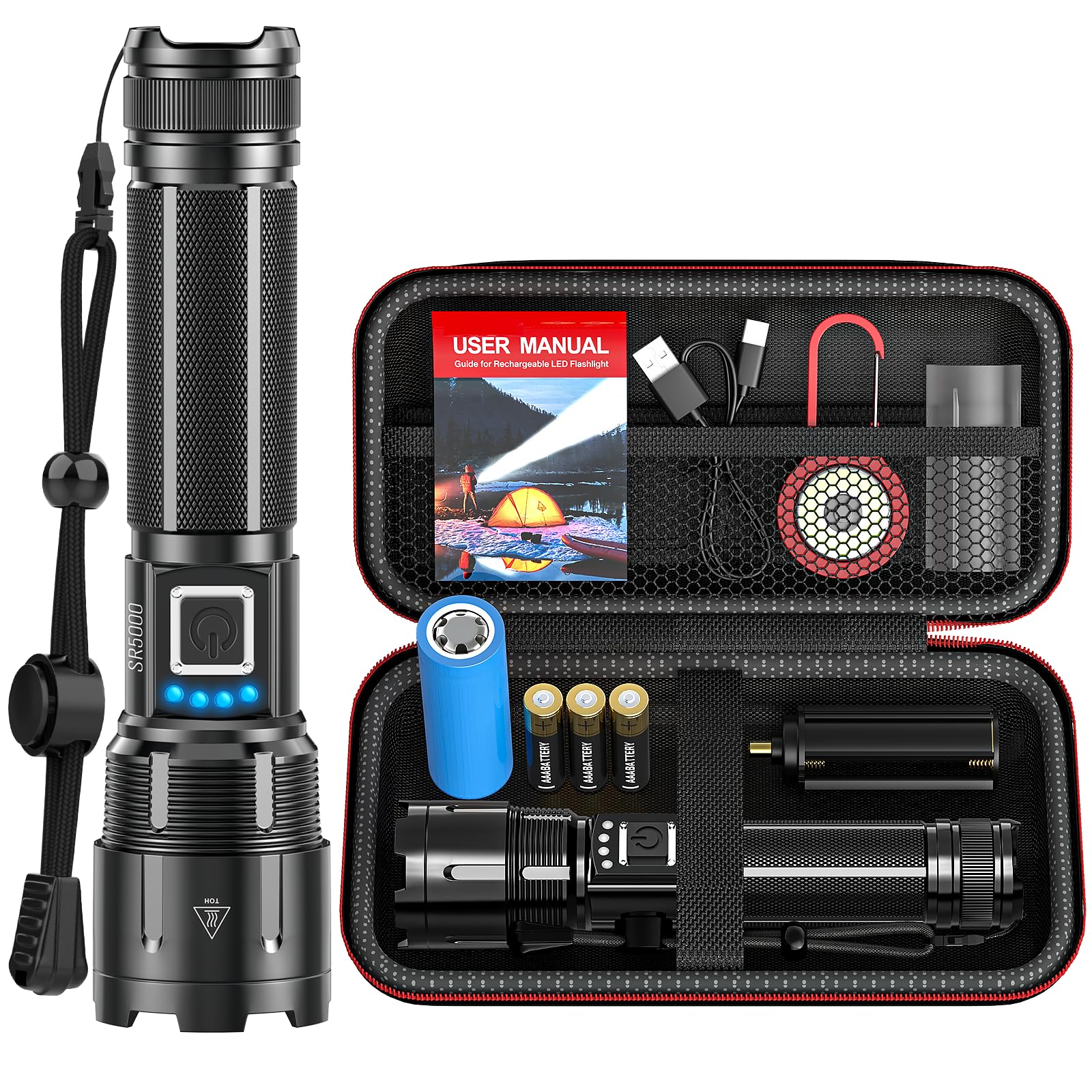 BUCASA Taschenlampe LED Aufladbar 1000000 Lumen, LED Taschenlampe Extrem Hell XHP70.2 Batteriebetrieben USB