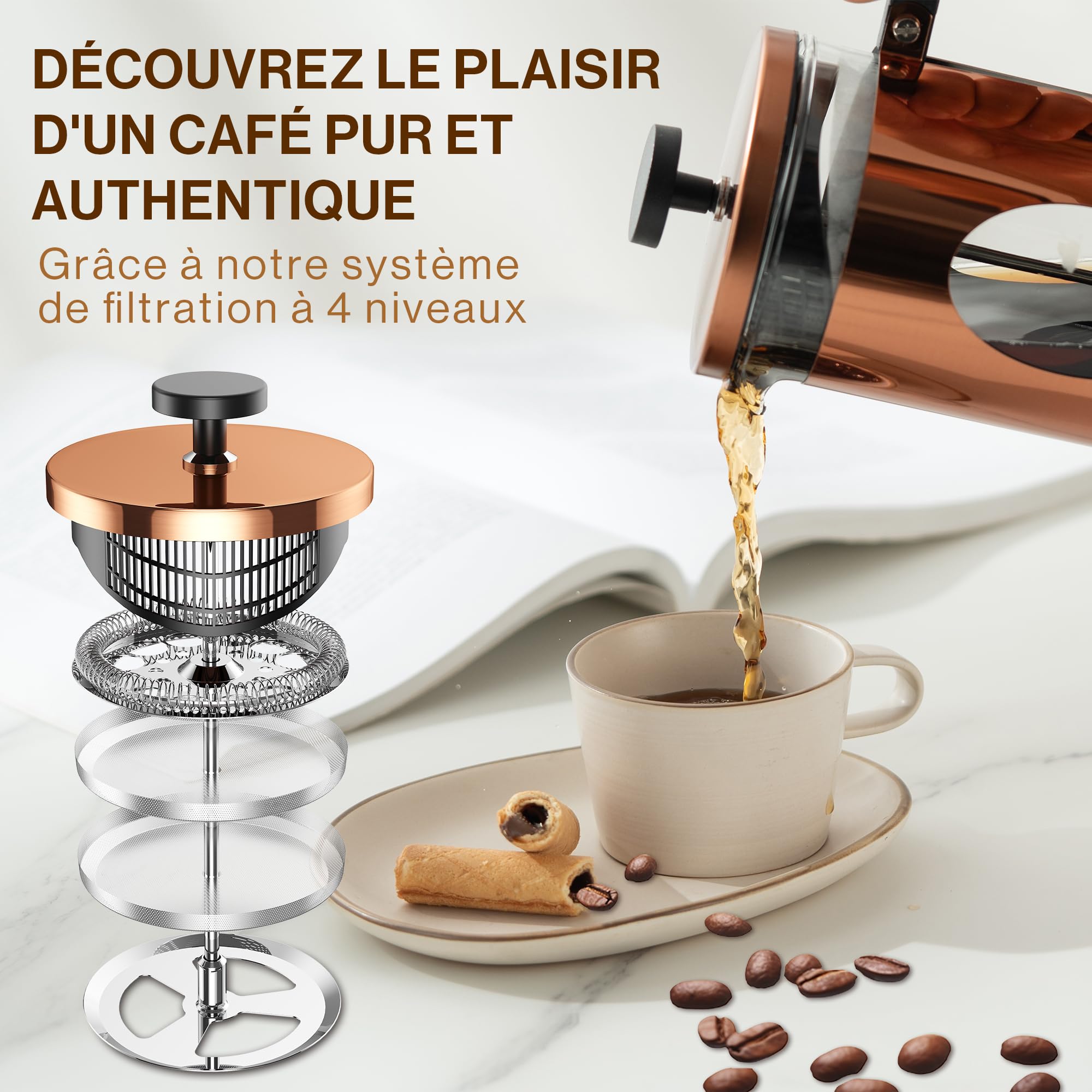 bonVIVO Cafetière à Piston 1L - French Press Inox et Verre Thermorésistant, Cafetiere Piston avec Filtres de Rechange, Cafetière Piston Design pour Café Savoureux - Finition Cuivre GAZETARO I