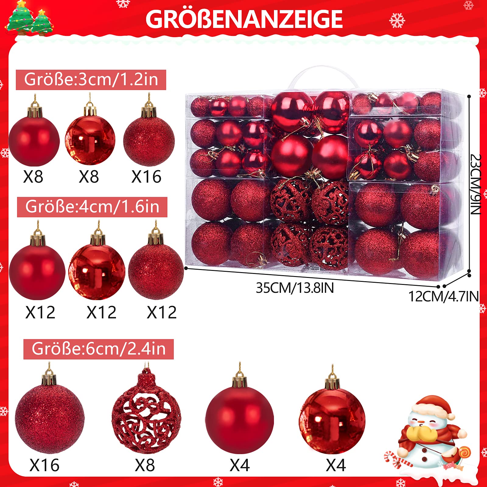 Set 20 Palline Per Albero Di Natale In Vetro, Rosso Scuro, Lucide E Opache, Diametro 6 Cm - 2