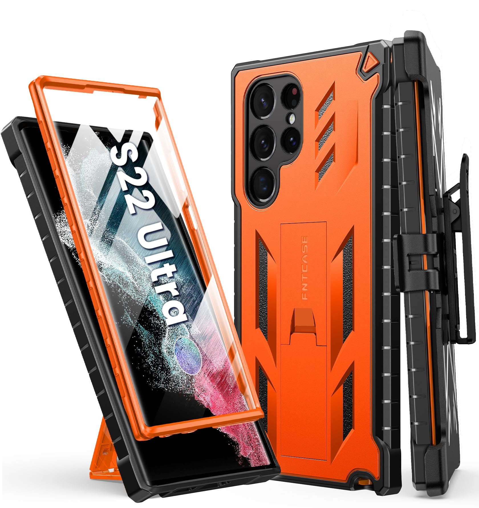 FNTCASE for Samsung Galaxy S22 Ultra Case: Built-in Screen Protector & Kickstand & Belt-Clip Holster, Full-Body Dual Layer Rugged Heavy Duty