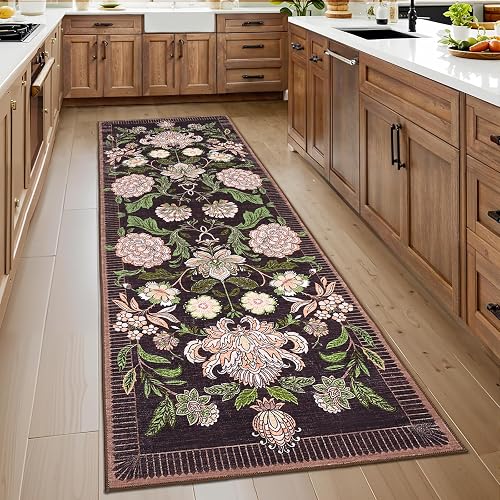 GarveeHome Plum Pink Floral Botanical 2x6 Washable Kitchen Runner Rugs Non Slip Black Purple Vintage Boho Cottage Long Rug for Hallways Bedroom Entryway Bathroom Mat with Rubber Back - Deep Blackened Plum - 2' x 6' (Runner)