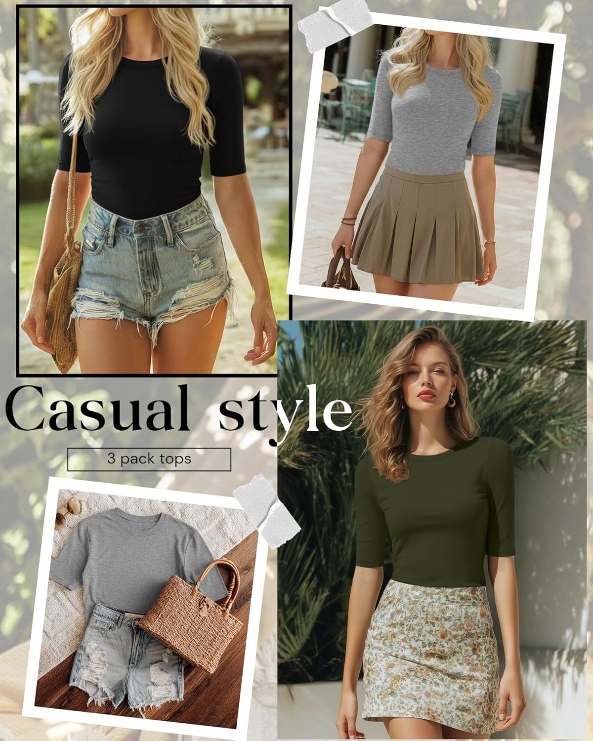 Riyiper 3 Pack Women's Half Sleeve Tops Crewneck 1/2 Sleeve T Shirts Elbow Length Tops Slim Fit Cotton Blend Basic Tees - Image 4