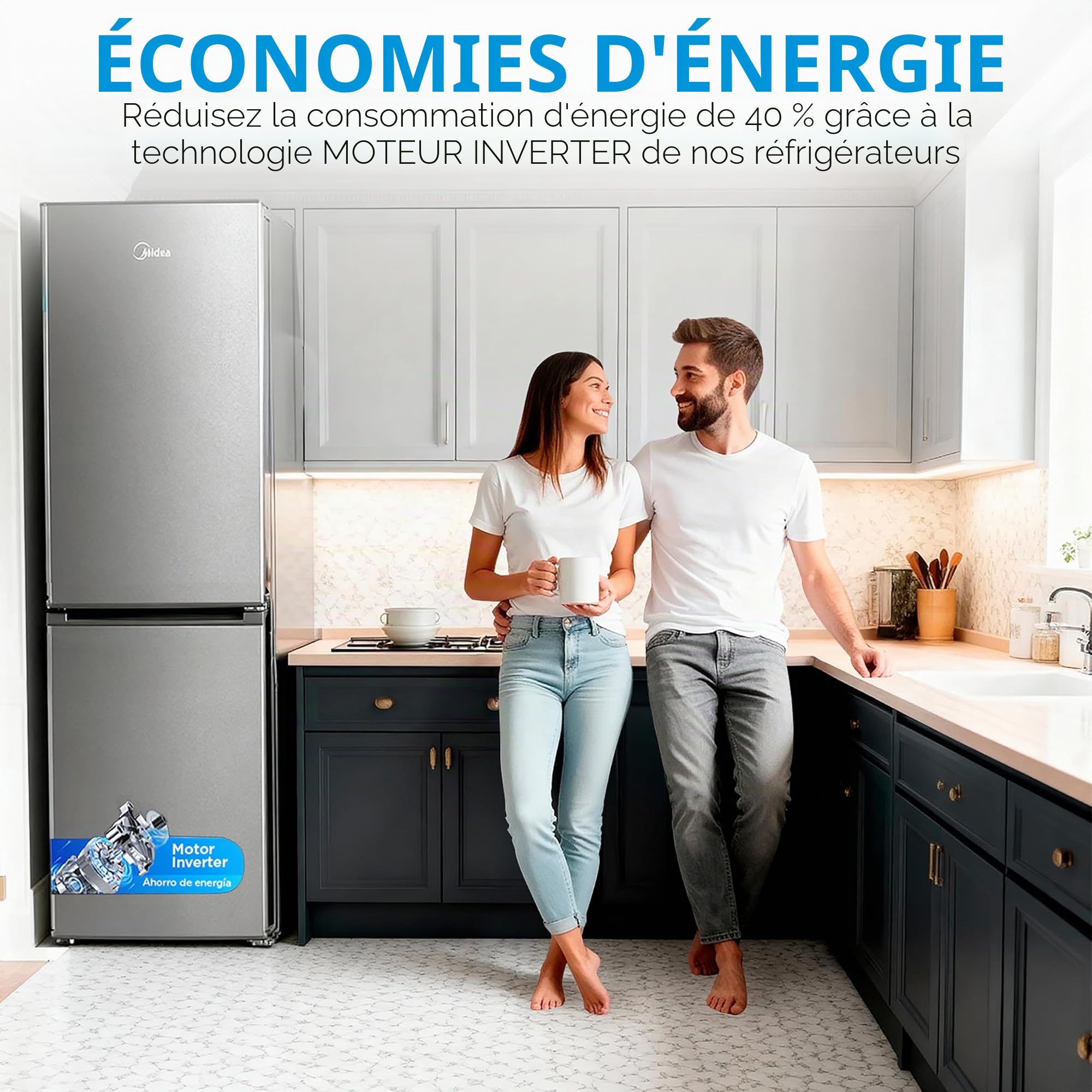 Midea Frigo Congelateur Combiné No Frost 55 cm de large x 180 cm - Combine Refrigerateur 270 L - Frigidaire Congelateur à économie d'énergie avec compartiment