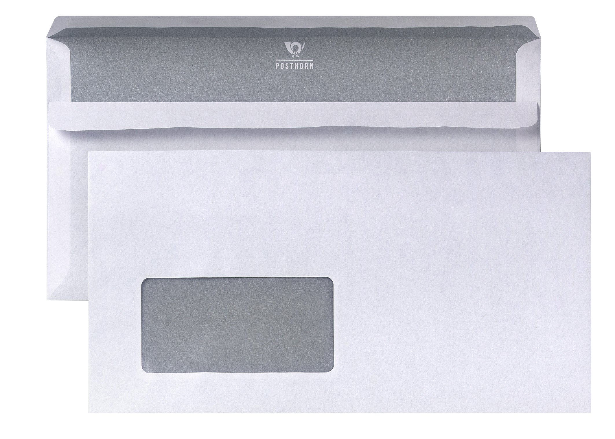 POSTHORN Briefumschläge mit Fenster 125 x 235 mm (1000 Stück) - Weiß | Umschläge selbstklebend - Kuvert mit grauem Innendruck - Briefkuvert mit mit 80g/m² -