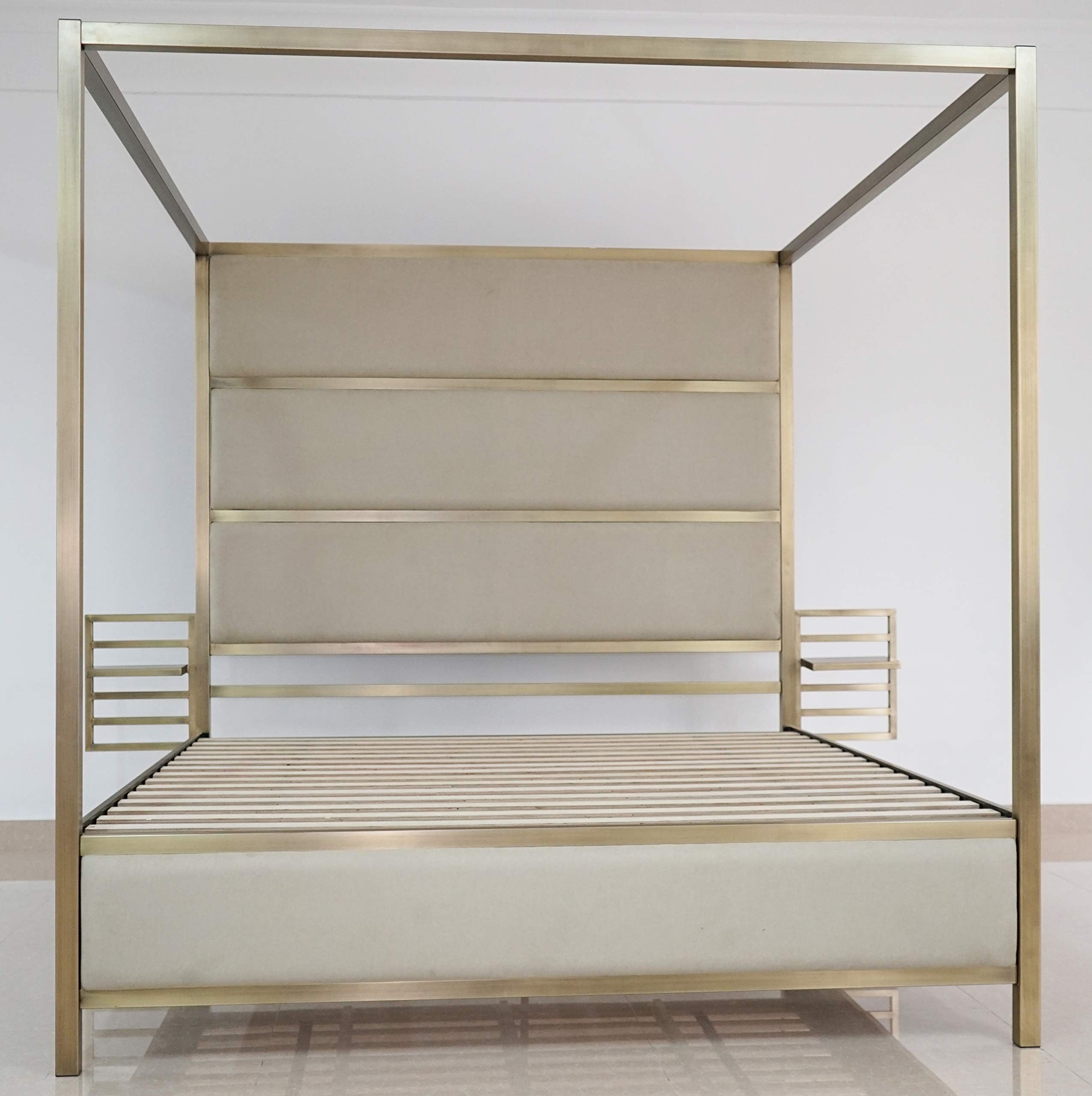 SOHO Metal Canopy Queen Bed with Adjustable Floating Nightstands, Brass Cream