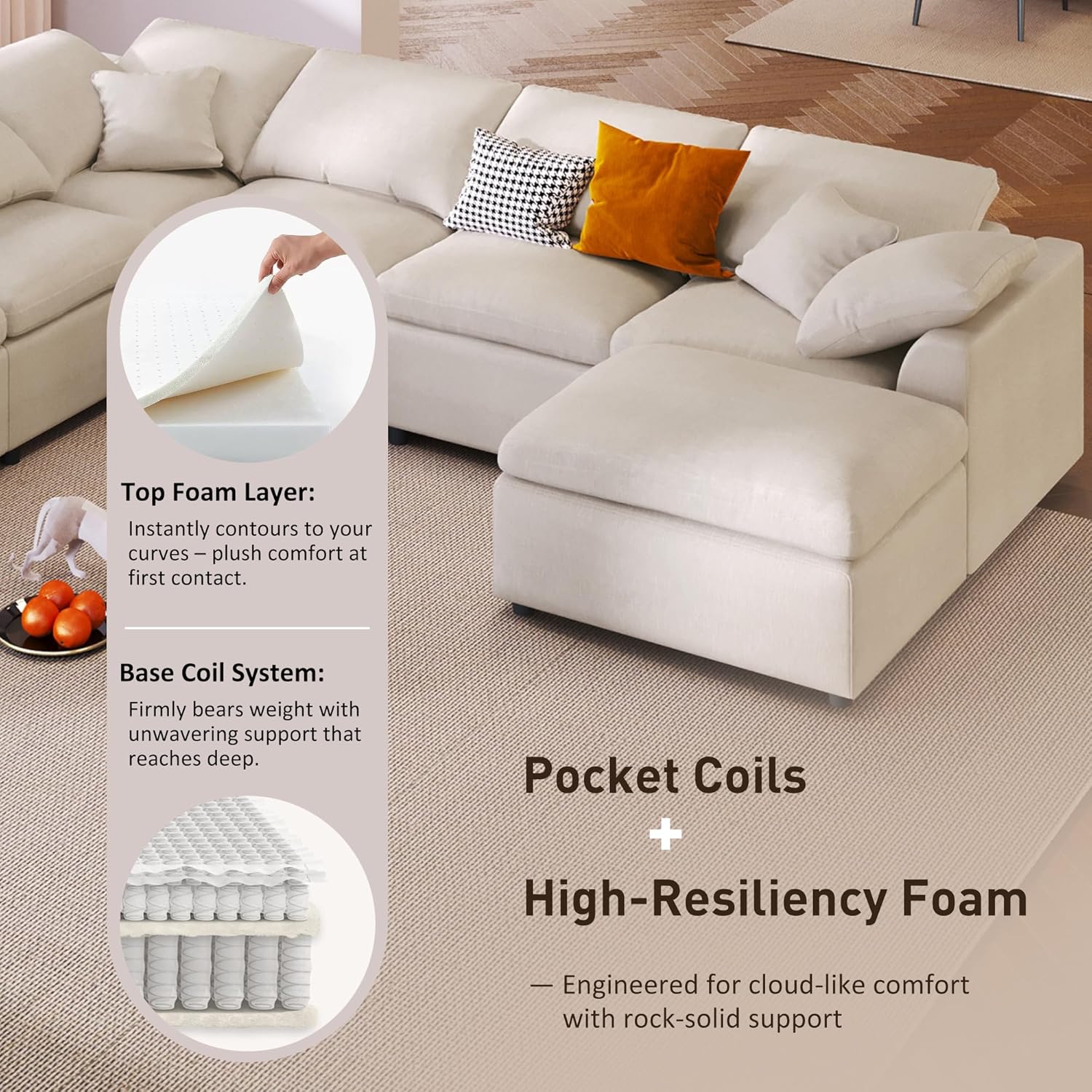 124.8" W Large Modular Sectional Sofa L Shaped Modern Couch with Ottoman, Deep Seat and Wide Chaise for Living Room, Beige