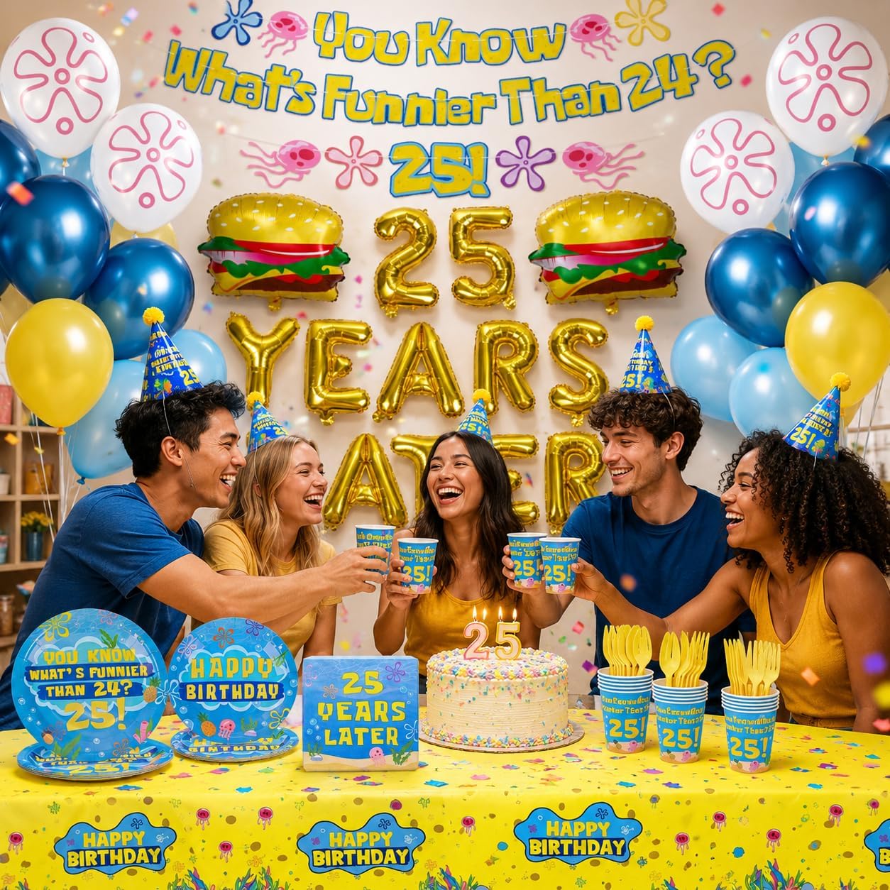 245PCS Blue Ocean 25th Sponge Birthday Party Decorations, You Know What's Funnier Than 24? 25 Disposable Birthday Supplies Banner, Balloons, Tableware Plates Napkins Cup Tablecloth Under The Sea Party