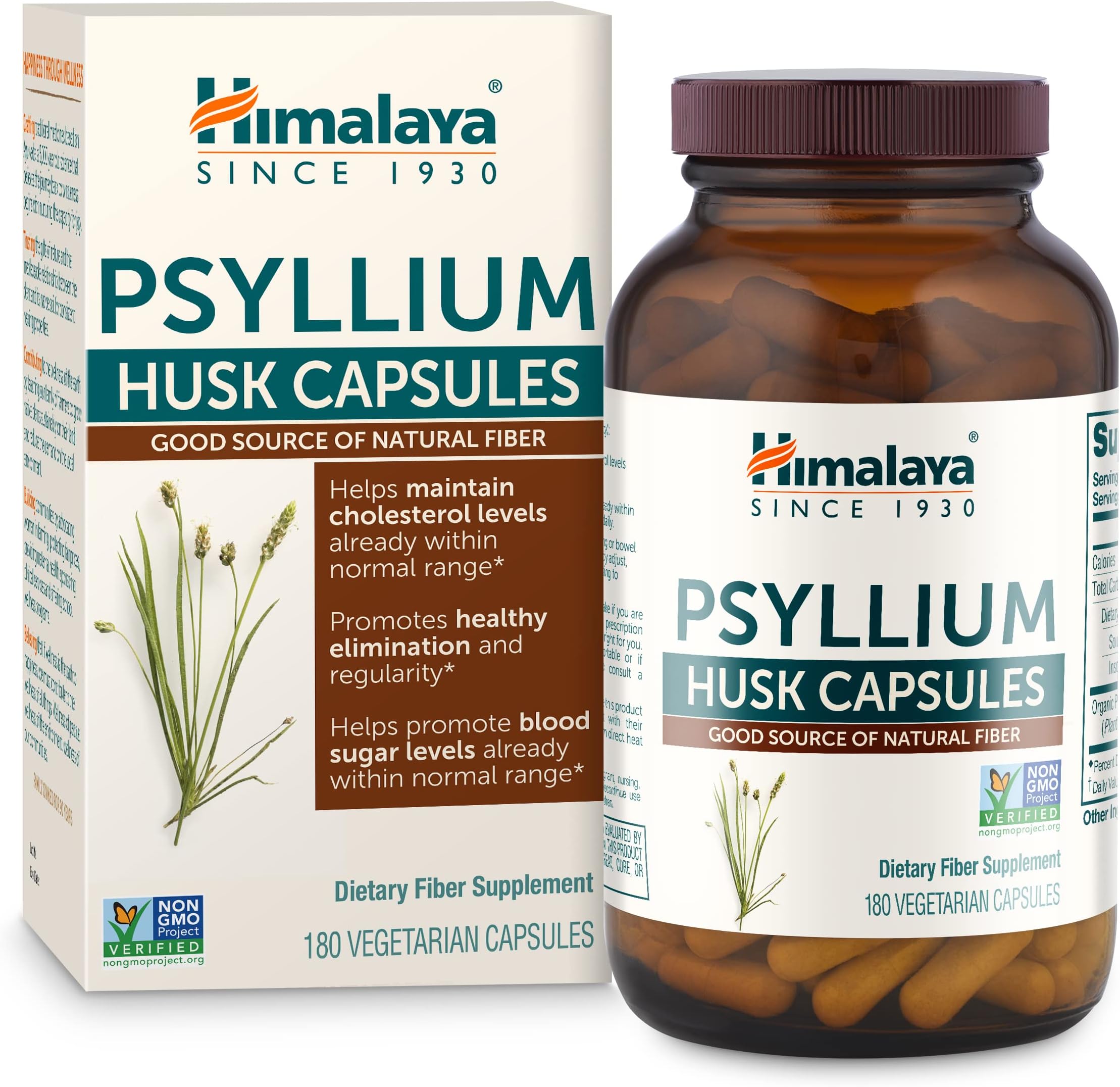 Himalaya Psyllium Husk Capsules - Daily Fiber Supplement for Supporting Digestive Health and Regularity - Vegan, Non-GMO, Sugar Free, Gluten Free, 180 Capsules