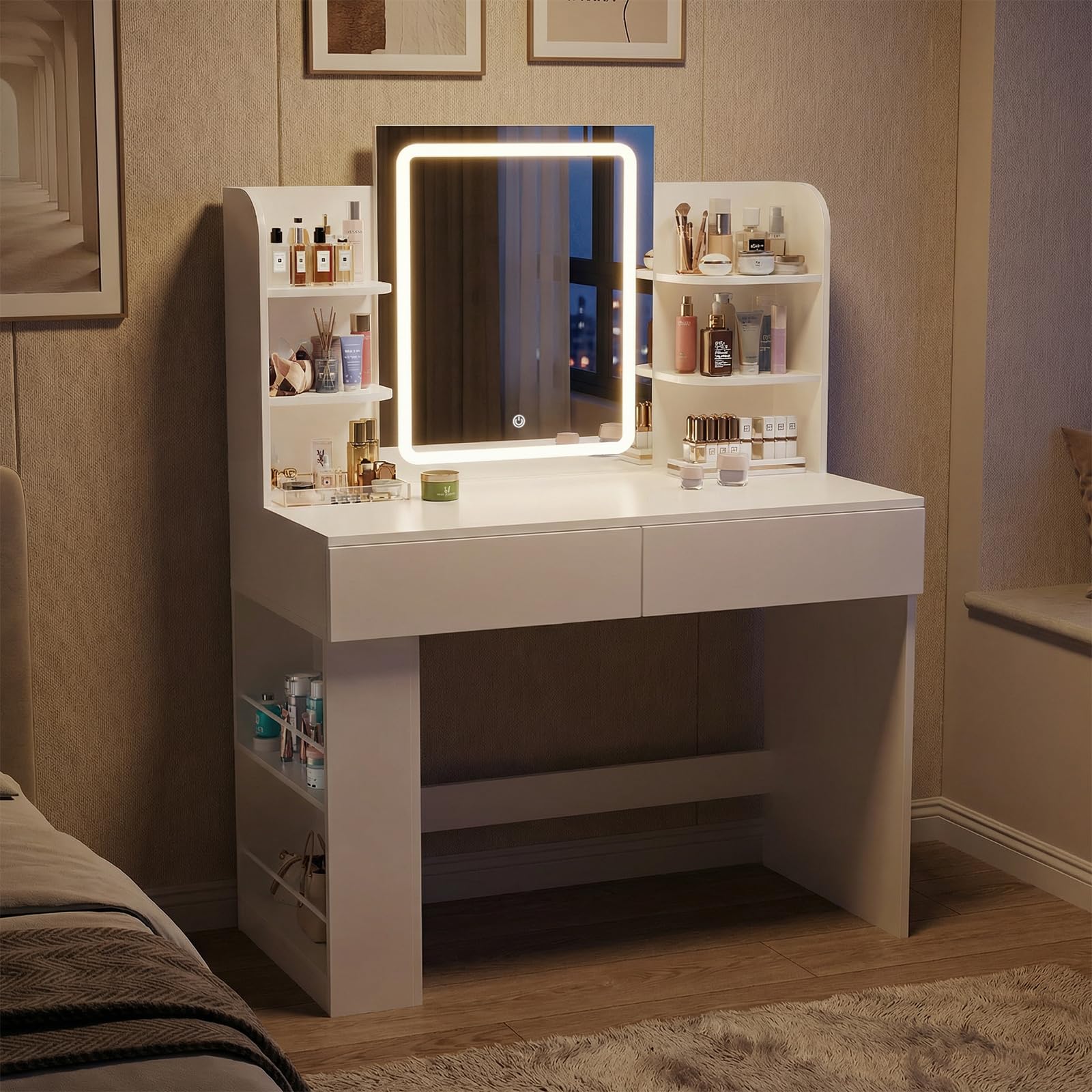 Airfish Coiffeuse avec Miroir et LED, Table de Maquillage avec 3 Étagères et 2 Tiroirs, Coiffeuse avec Grand Tiroir et Armoire, Lumière LED Réglable (Blanc)